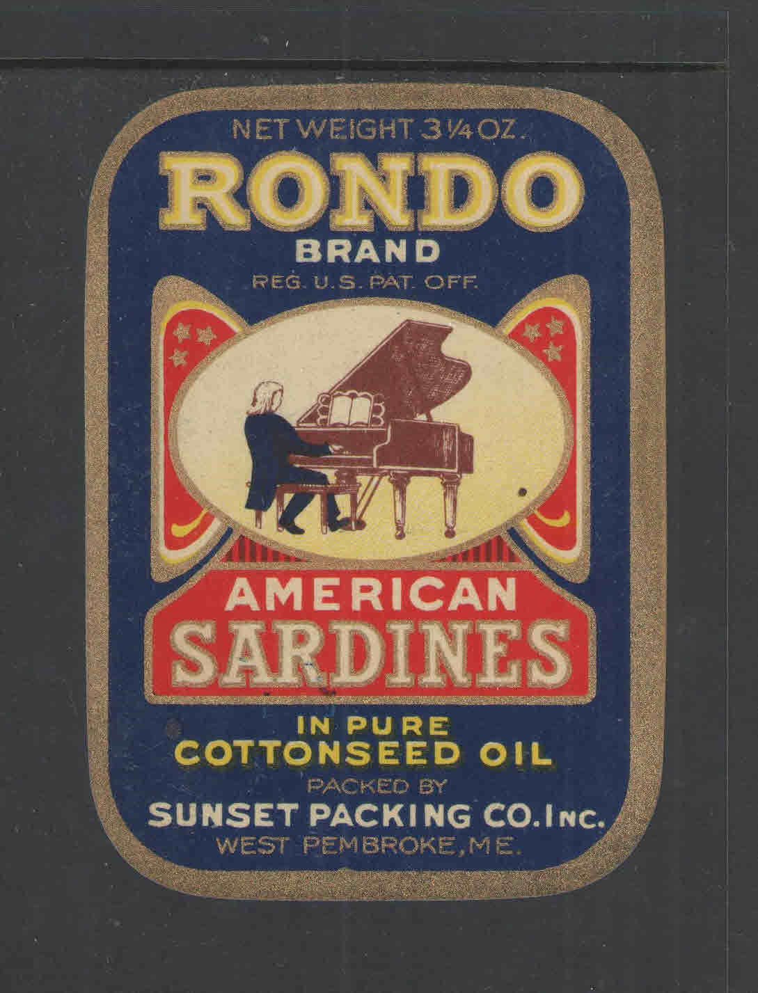 1940s RONDO AMERICAN SARDINES WEST PEMBROKE ME Unused CAN LABEL  2 3/4\