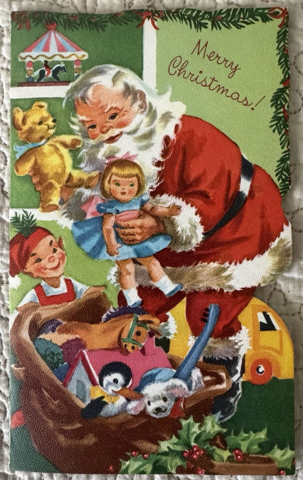 Unused Christmas Santa Elf Toy Bag Doll Vtg Greeting Card 1950s 1960s Sunshine