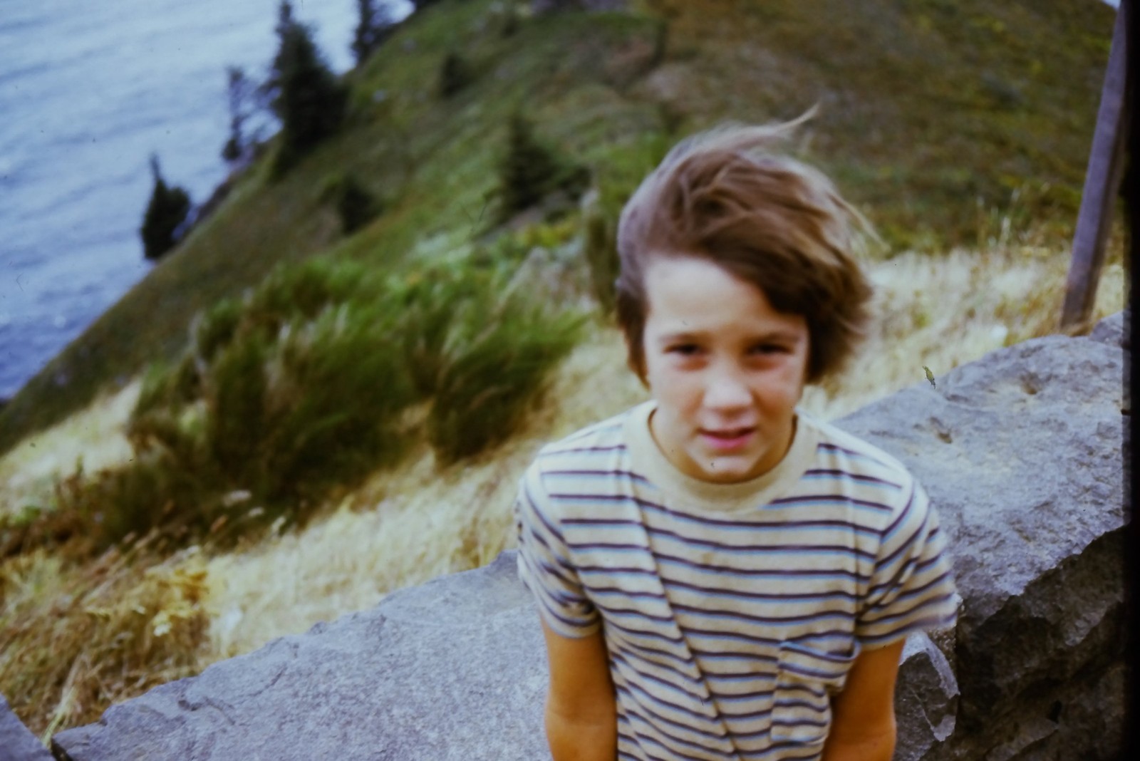 c1970\'s Kodachrome 35mm Slide, Young Boy Portrait, Coastal Cliffside ocean