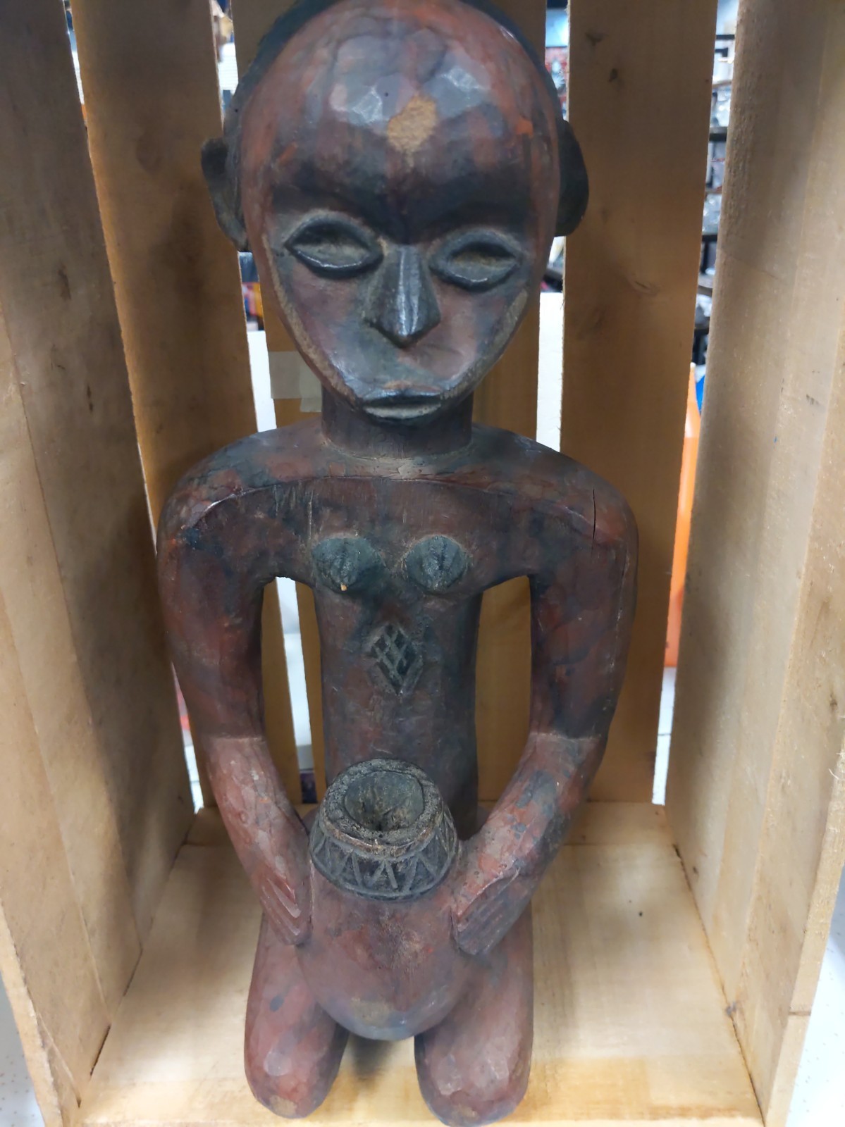 Antique African Fine Art, VTG Hand Carved Wood Female Figure W/ Bowl  17\