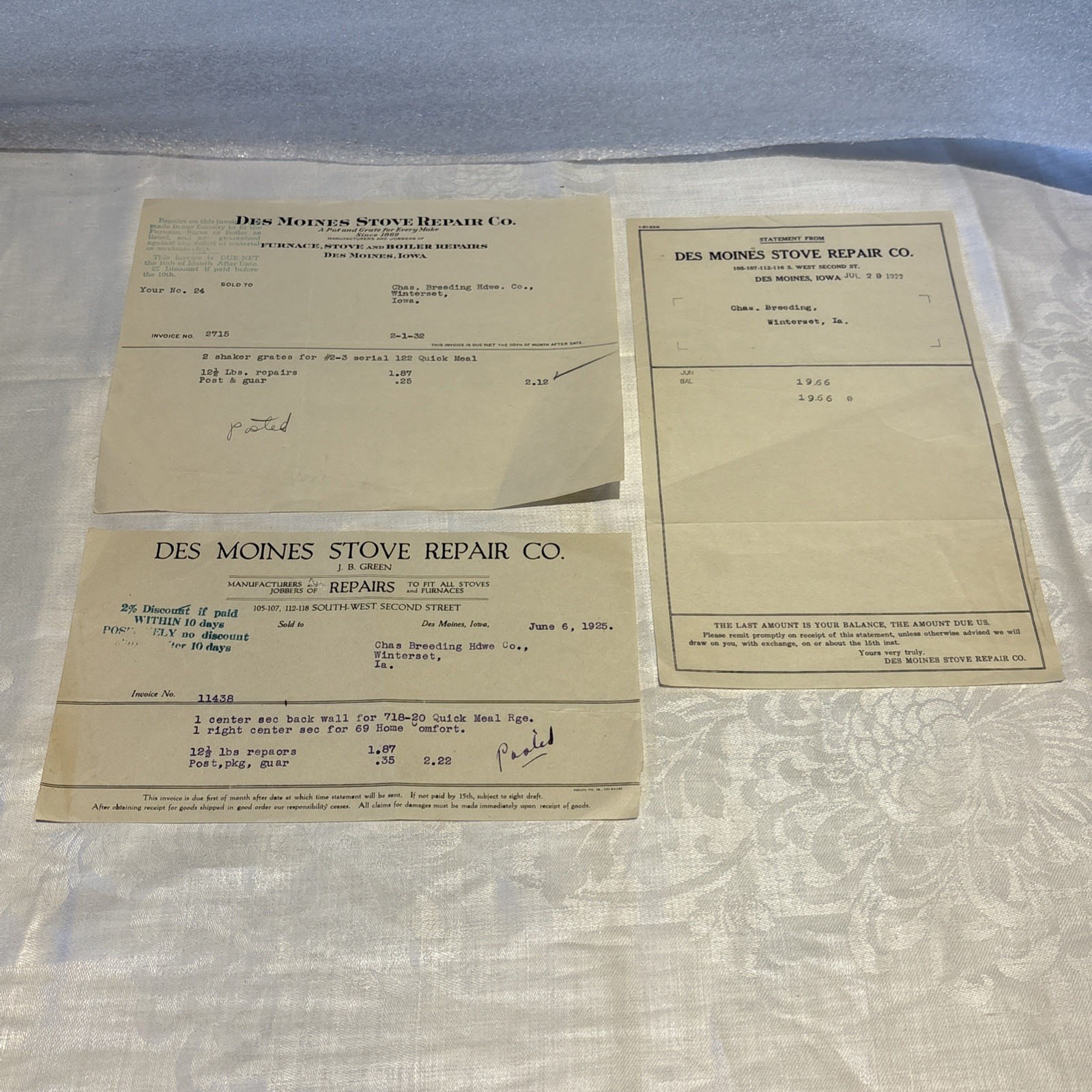 Rare & Vintage (3) Des Monies Stove Repair Co. Iowa Receipts 1922, 1925, & 1932