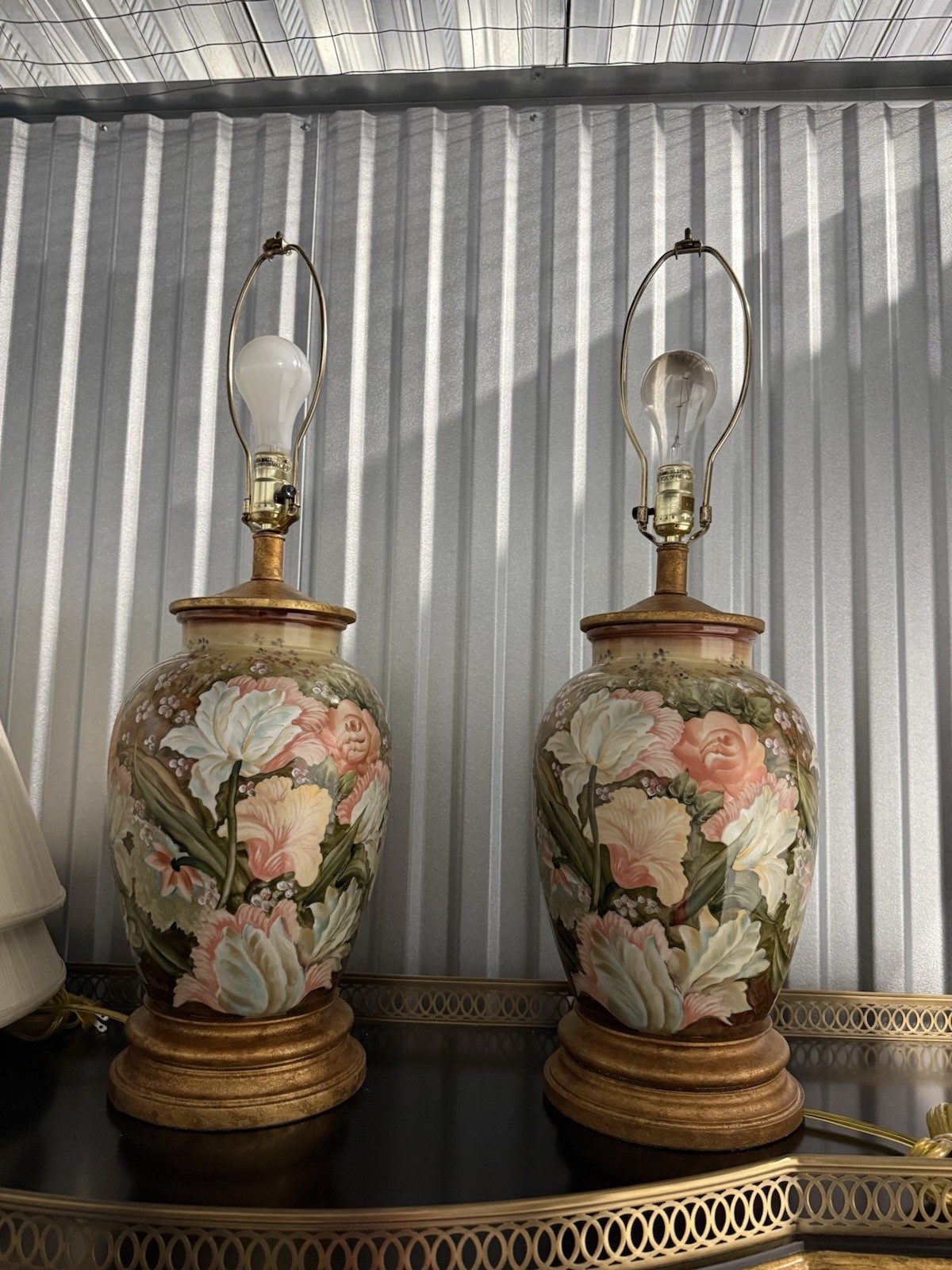 Pair Vintage Frederick Cooper High Relief Floral Ceramic Table Lamps 27” EUC