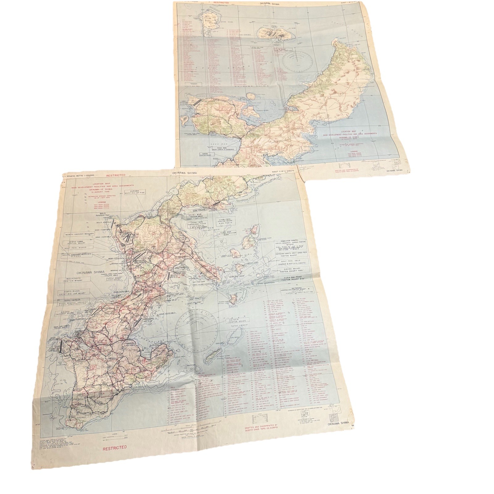 2 WWII 1945 Okinawa Navy & Army Staging Maps Operation Downfall RARE RESTRICTED