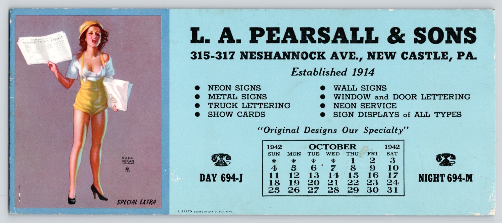 L. A. Pearsall & Sons Printer Advertiser Blotter New Castle Pennsylvania c1945