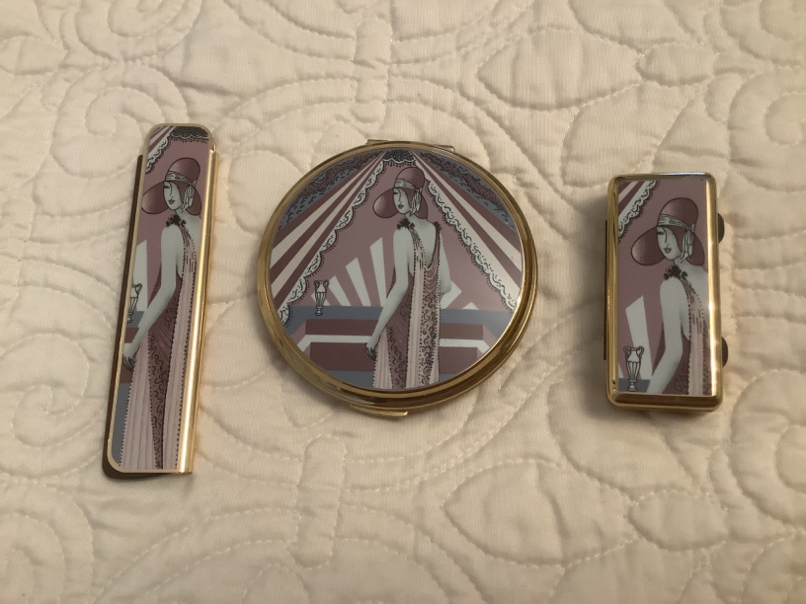Vintage 3 pc Art Deco Pink Lady Compact, Comb, Pill Box England
