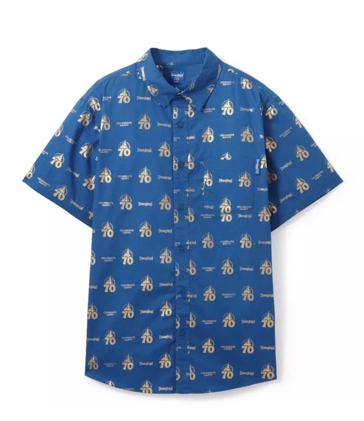 Disneyland 70th Anniversary Woven Button Down Shirt Celebrate Happy Size L NEW