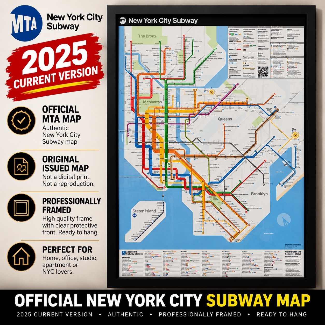 New 2025 Official MTA NYC Subway Map — Original Framed 24x34