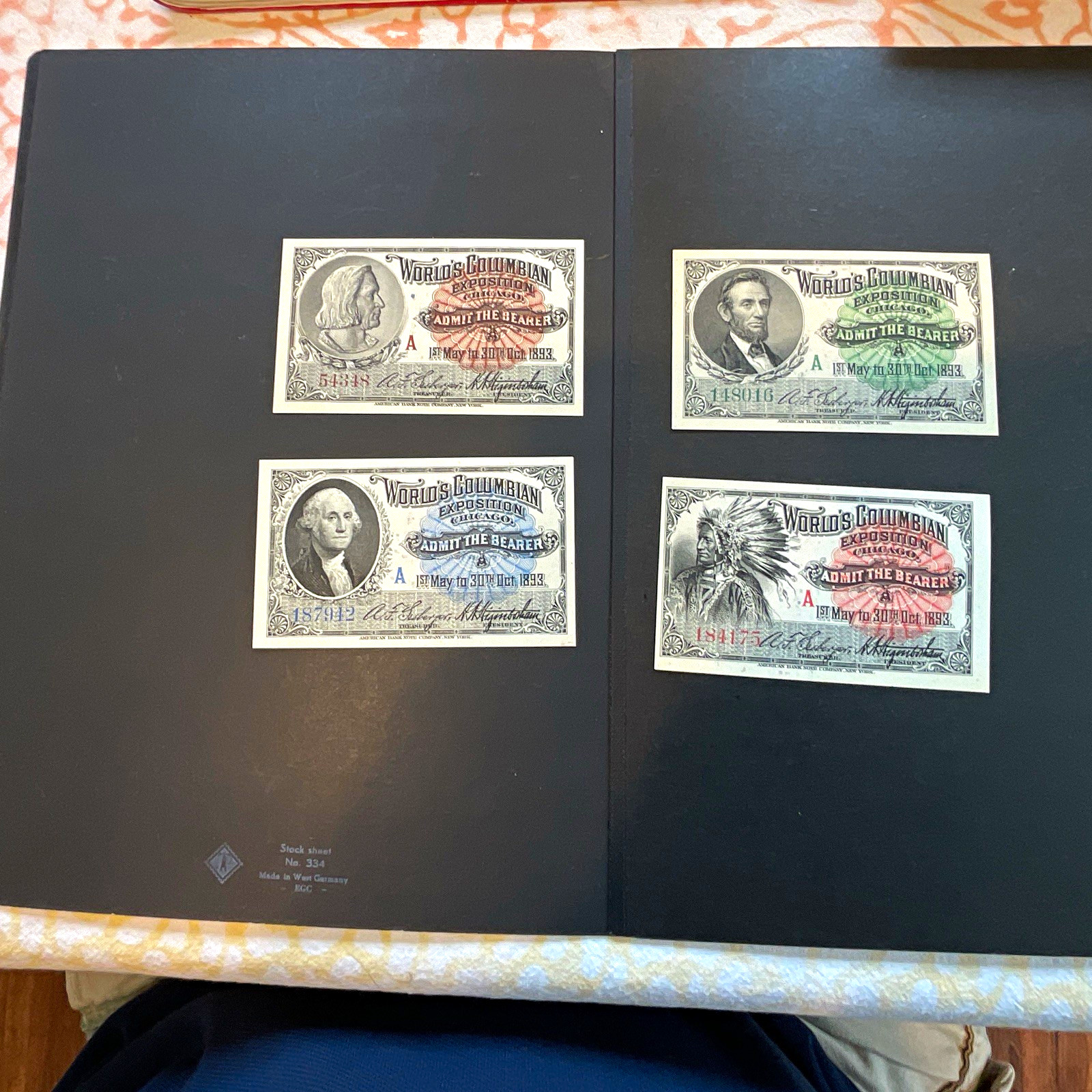 1893 Chicago World’s Columbian Exposition Admission Tickets Set of 4 in Album