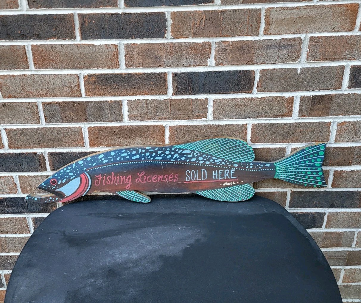 Vintage Tim Karash Fishing Licenses Sold Here Hand Painted Sign Folk Art 
