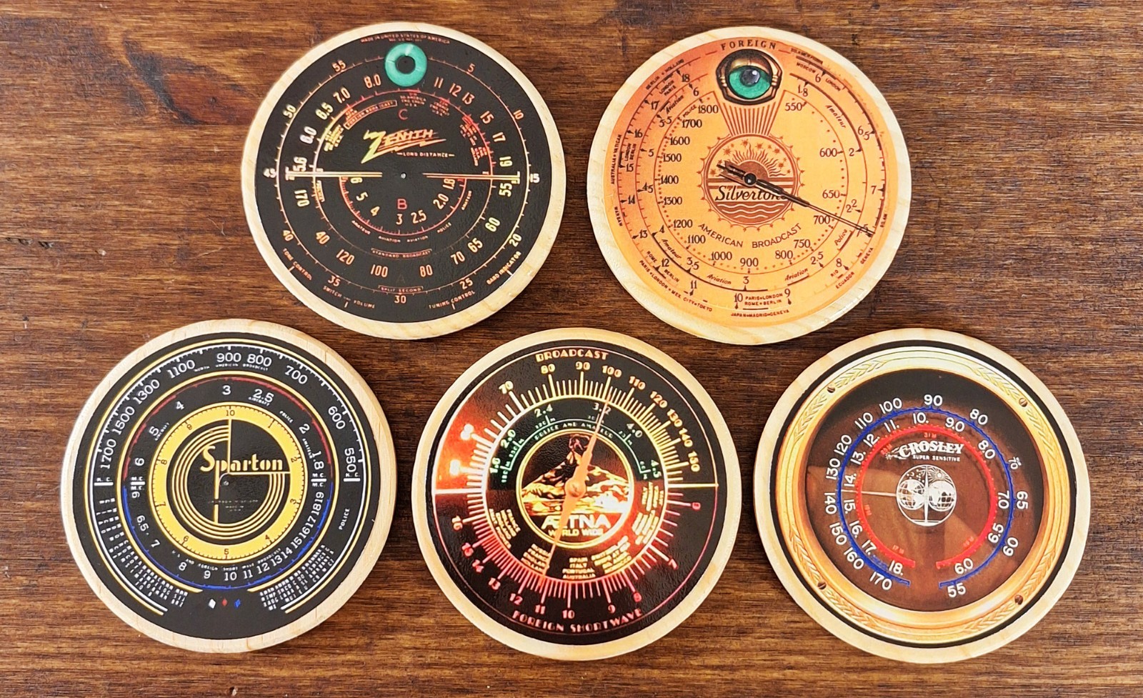New Set of 5 Old Antique Wood Vintage Tube Radio Dial Coasters - Zenith Crosley+
