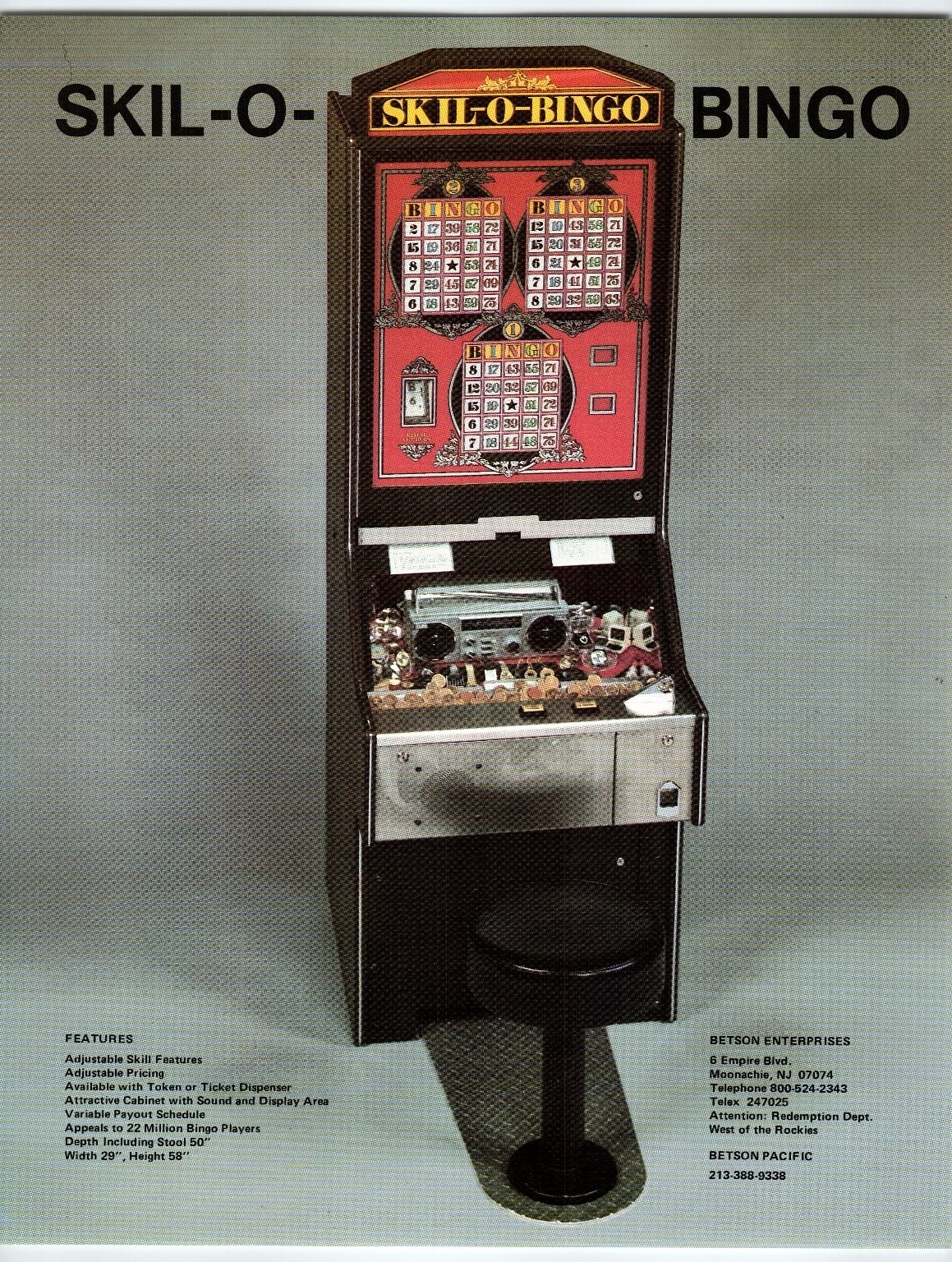 Vintage 1970s Skil-O-Bingo Arcade Game Flyer Moonachie NJ Betson