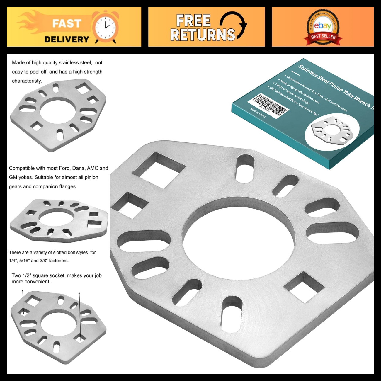 Stainless Steel Yoke Wrench Tool for Axles & Flanges, Fits Most Sockets, 1/2