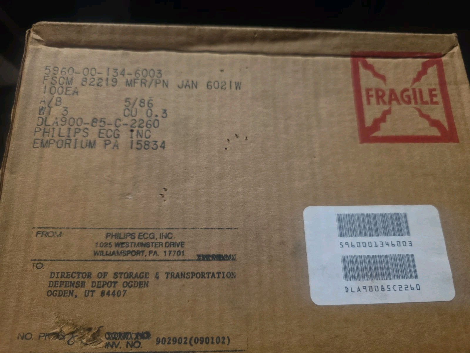 CASE OF 100 NOS PHILIPS JAN 6021w  5960-00-134-6003. SEALED NEVER OPENED