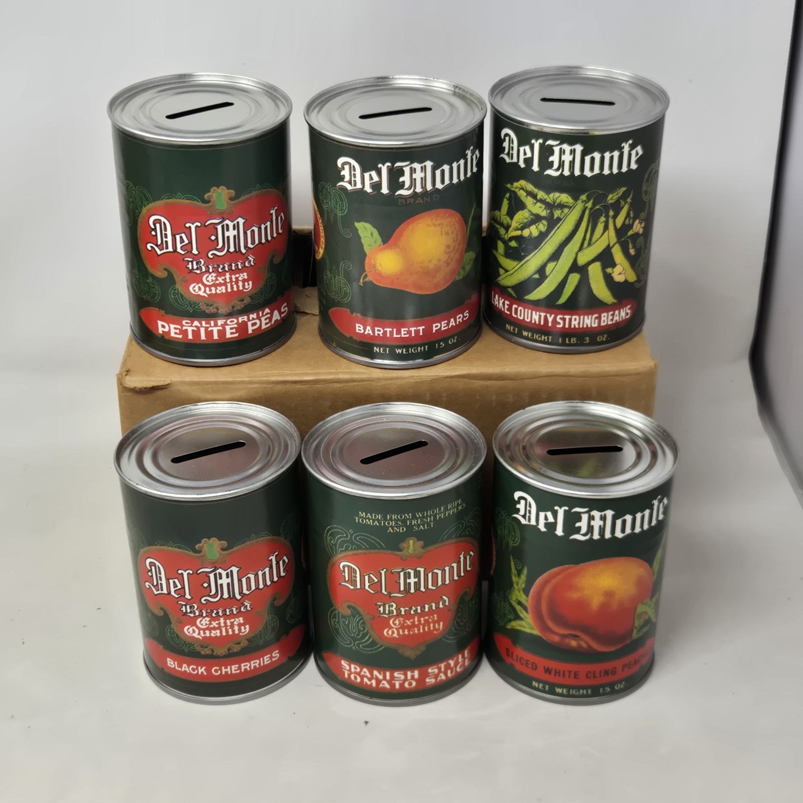 NOS Vintage Del Monte Coin Bank Cans Set Of 6 Grocery Advertising 1960s