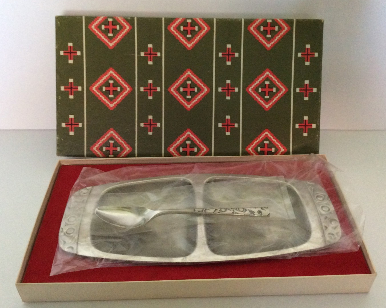 NOS Vintage Alessi 4057 Rogers Navaho divided stainless serving tray spoon box