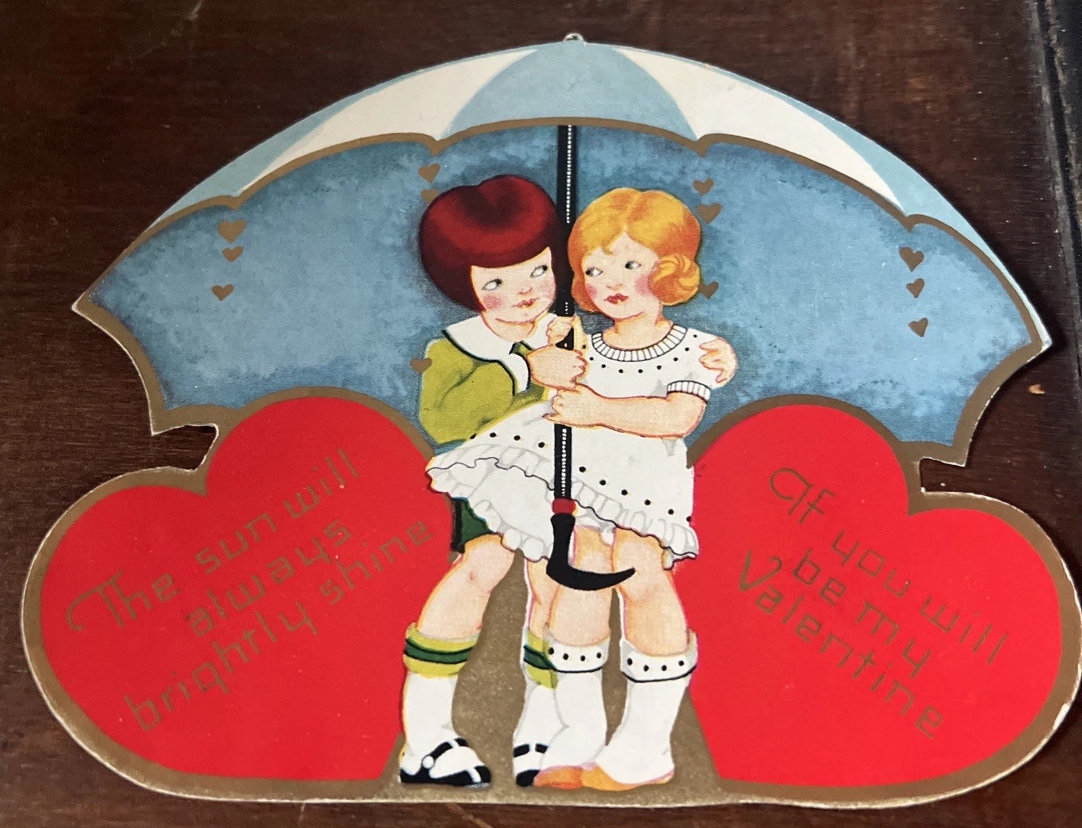 Vintage Valentines Day Card Little Girls Umbrella Love