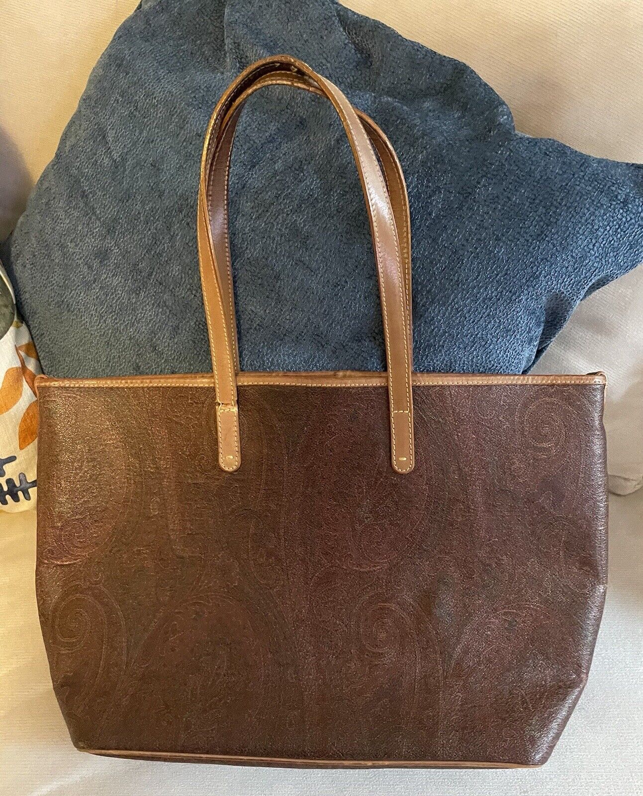 ETRO Handbag Tote Bag Paisley Pattern Leather Brown Multicolor Lining.