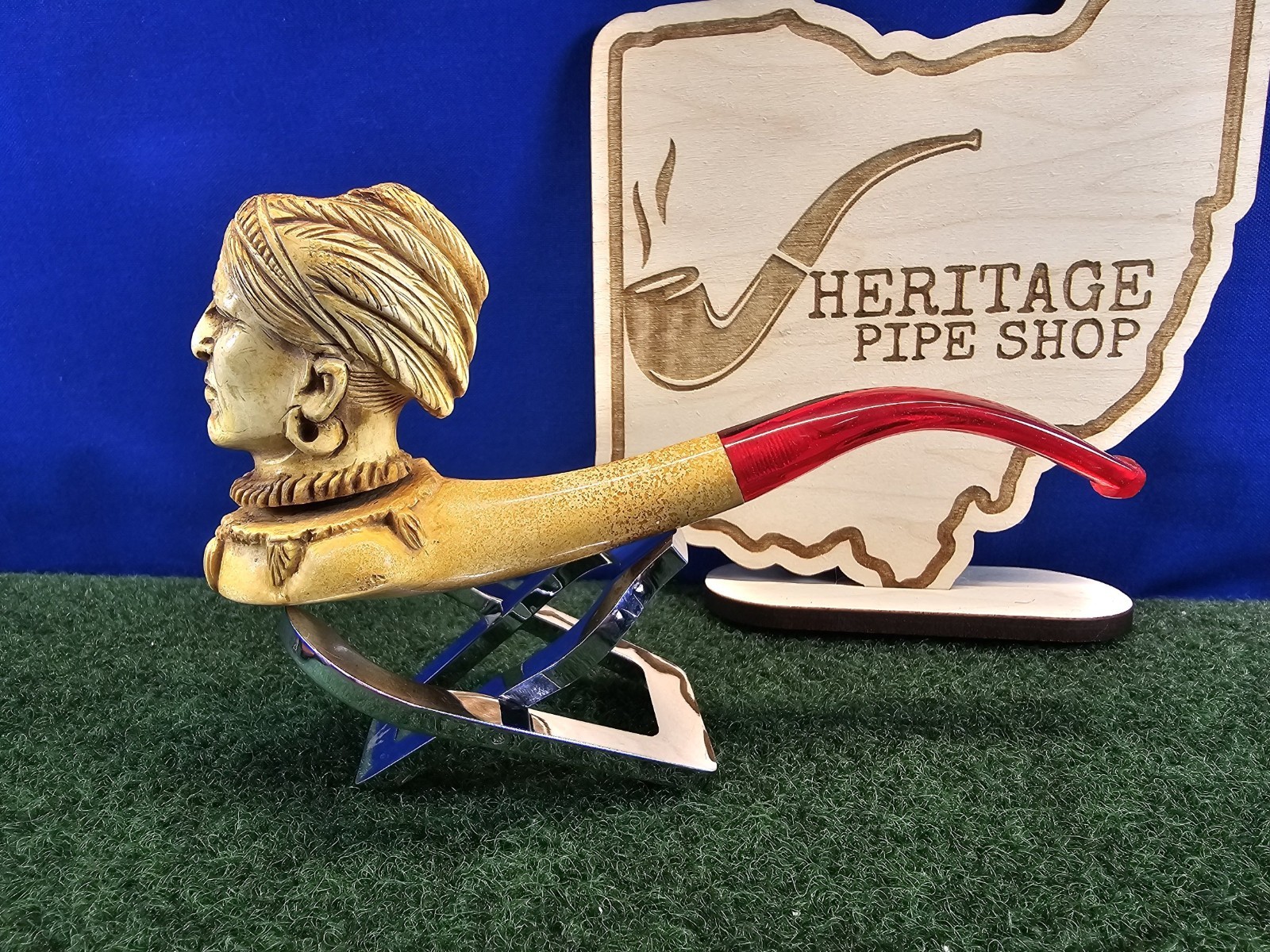 Antique 3-Star Figural Human Head Block Meerschaum Tobacco Smoking Pipe, Case