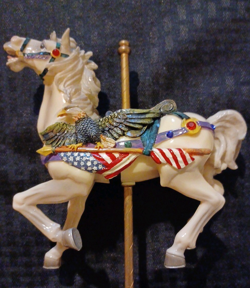 Patriotic Carousel Horse With Flag And Eagles. Spins And Plays Music Used