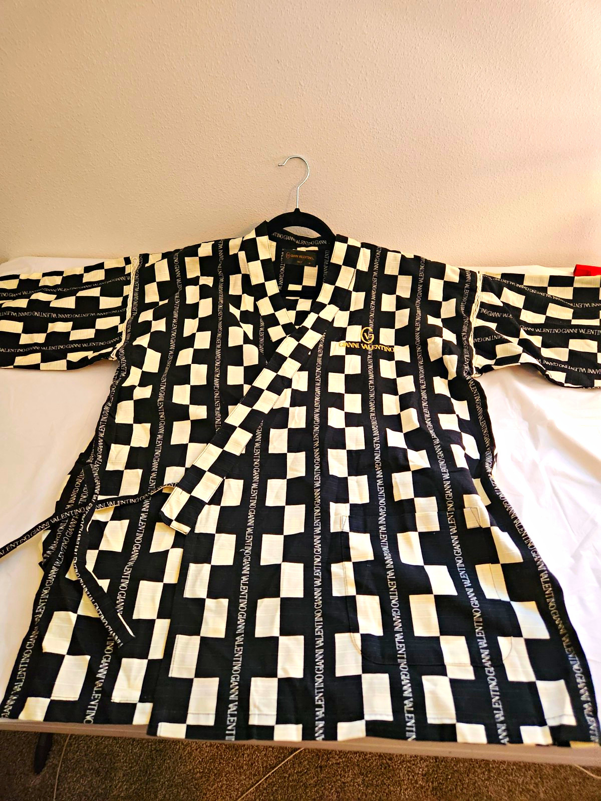 Gianni Valentino Womens M Black White Check Tie Robe & Pajama Pants Set V-Neck