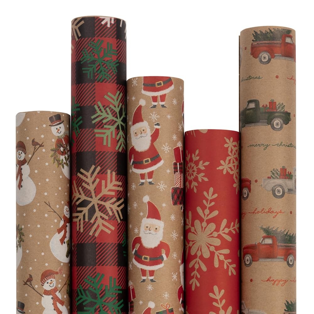 JAM Paper Christmas Kraft Wrapping Paper 125 Sq Ft 5 Rolls/Pack
