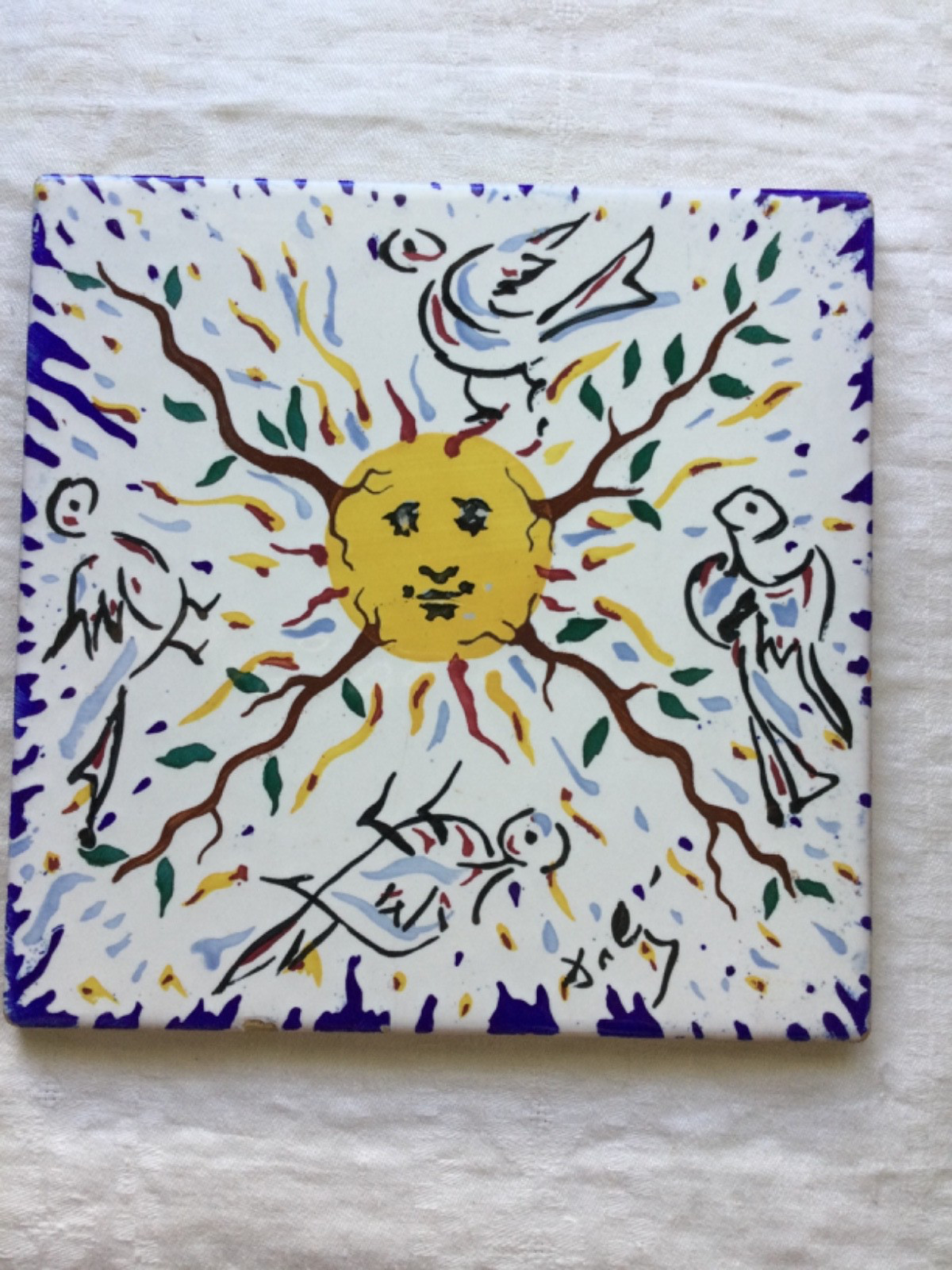 Vintage Salvatore Dali Ceramic Tile Sun Art Deco Reproduction.