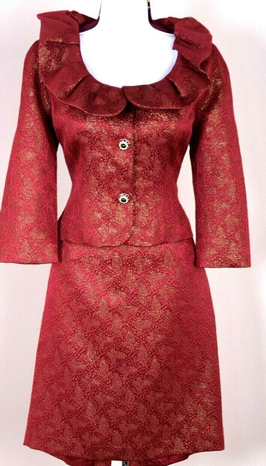ST.JOHN Womens Suit Red Metallic Gold Shimmer Rhinestone Jacket & Skirt Sz 8
