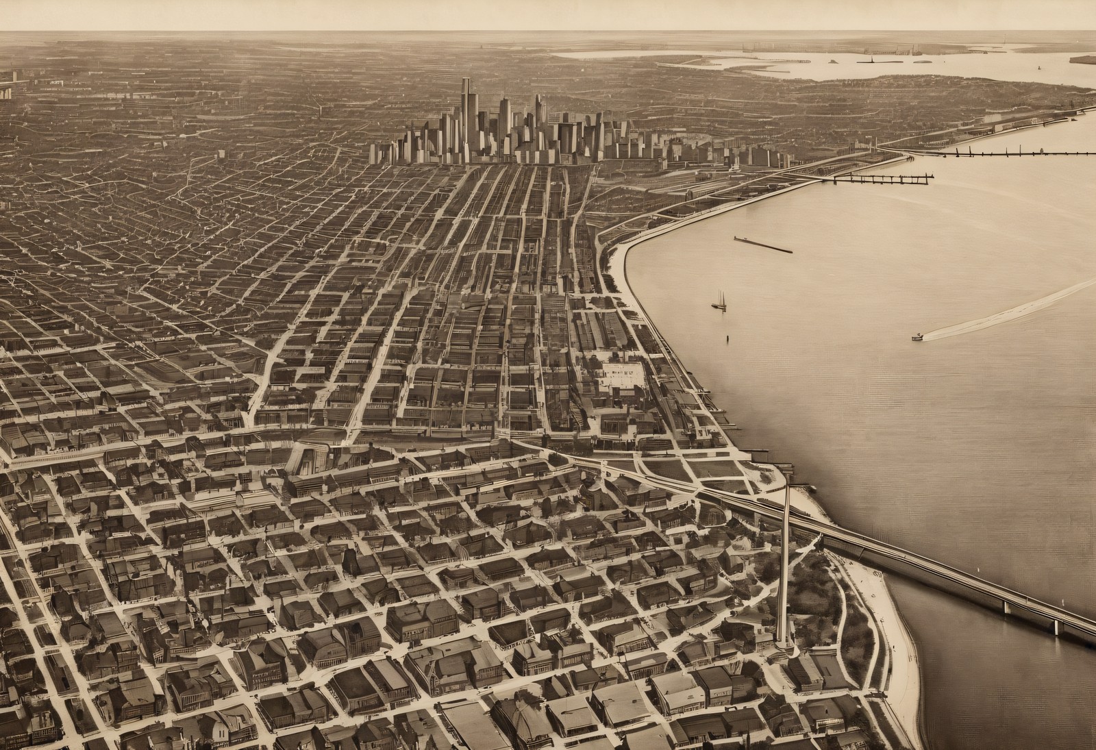 Chicago Lakefront Bird's-Eye View 1900s - Antique Wall Art Print