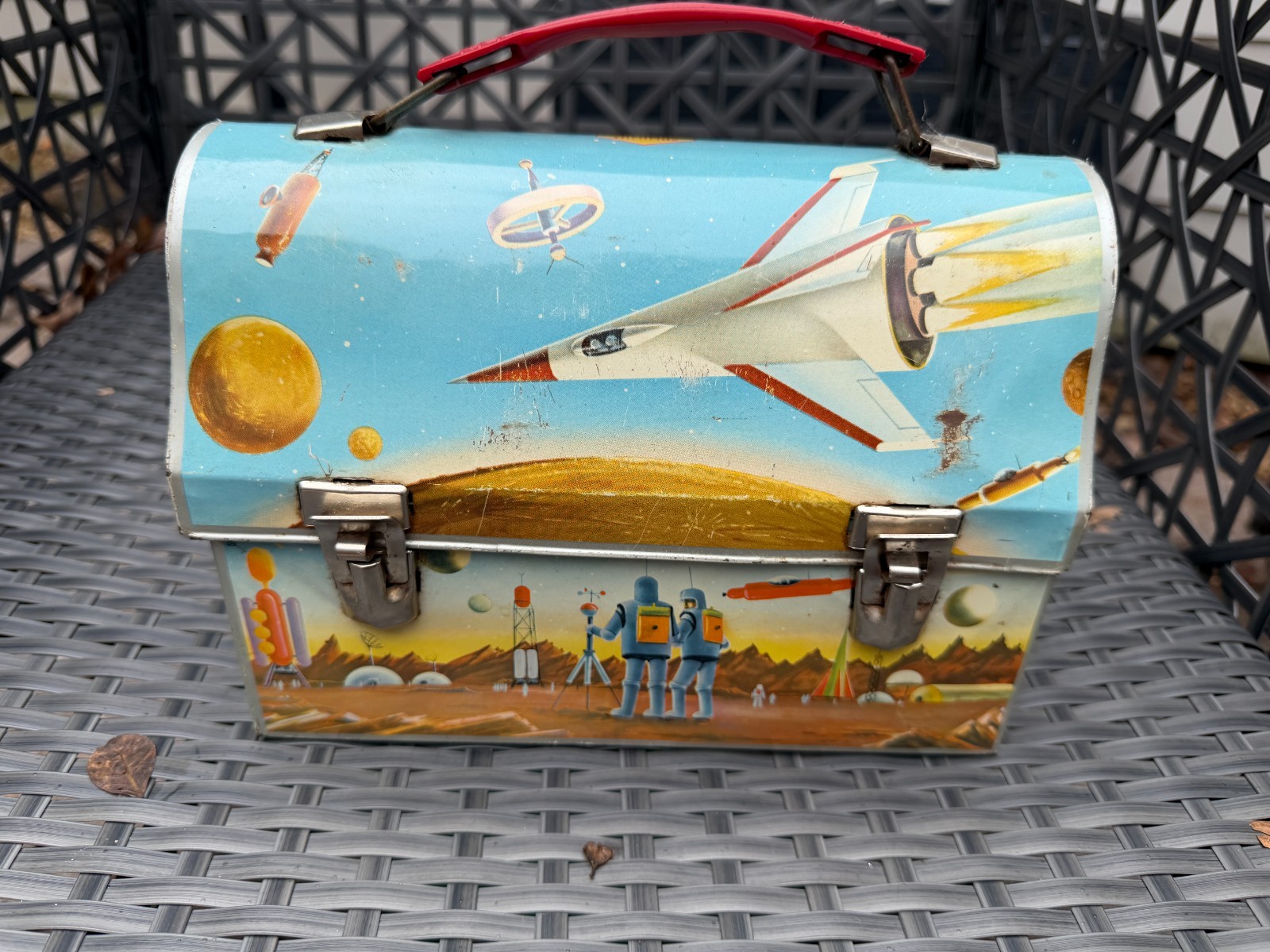 1960 Thermos Astro Space Dome Metal Lunch Box Astronaut Rockets Atomic Rare