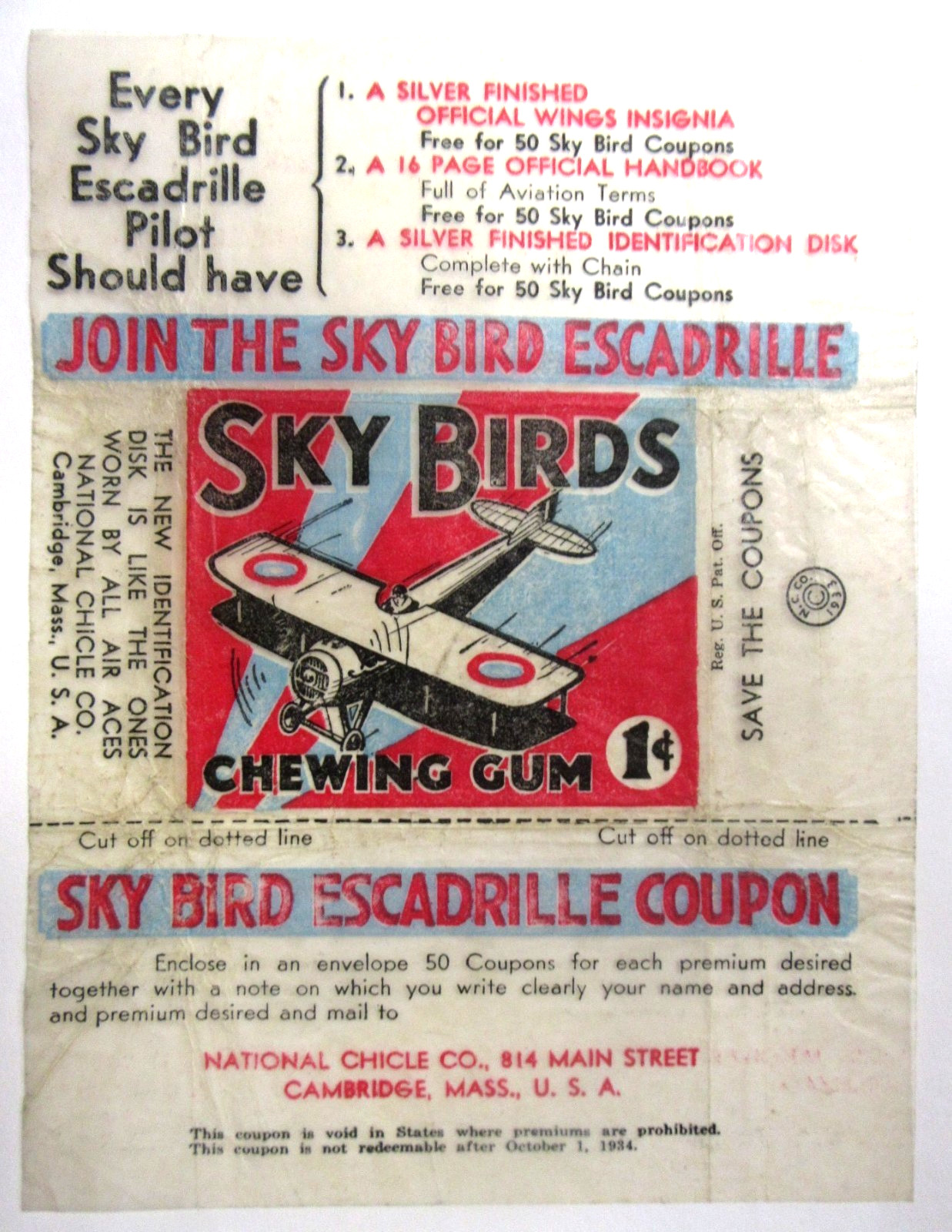 1933-34 National Chicle SKY BIRDS (R136) gum trading card complete wrapper