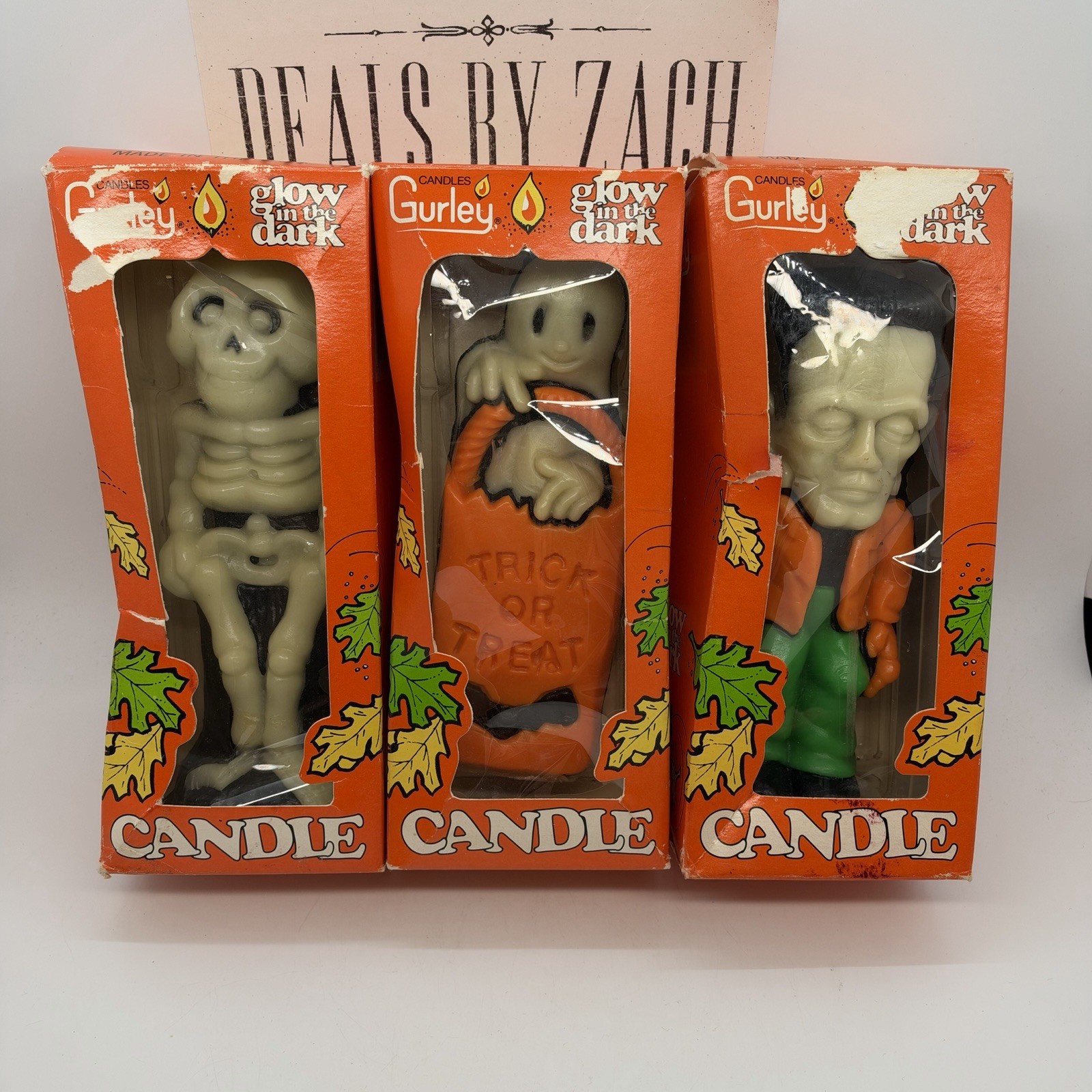 Vintage Gurley Glow in the Dark Halloween Set Of 3 Candles in Boxes Made in USA