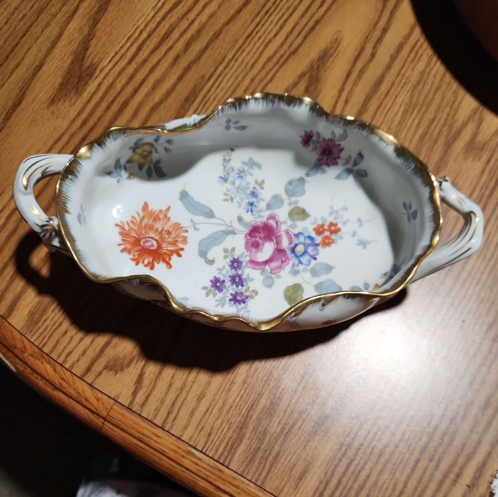 Large vintage German footed hand painted floral centerpiece bowl 17\