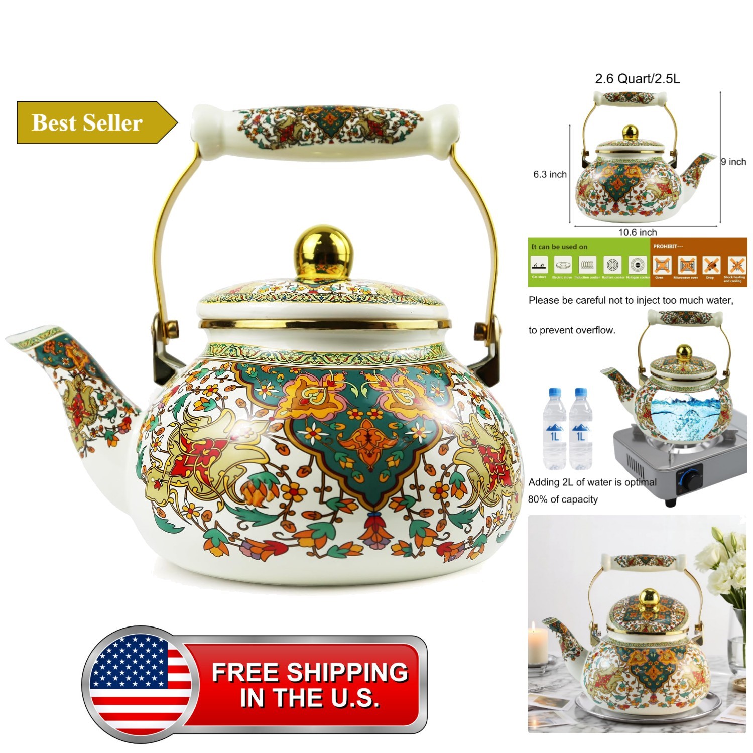 Enamel Tea Kettle 2.5L Vintage Gold Floral Stovetop Teapot Non-Whistling