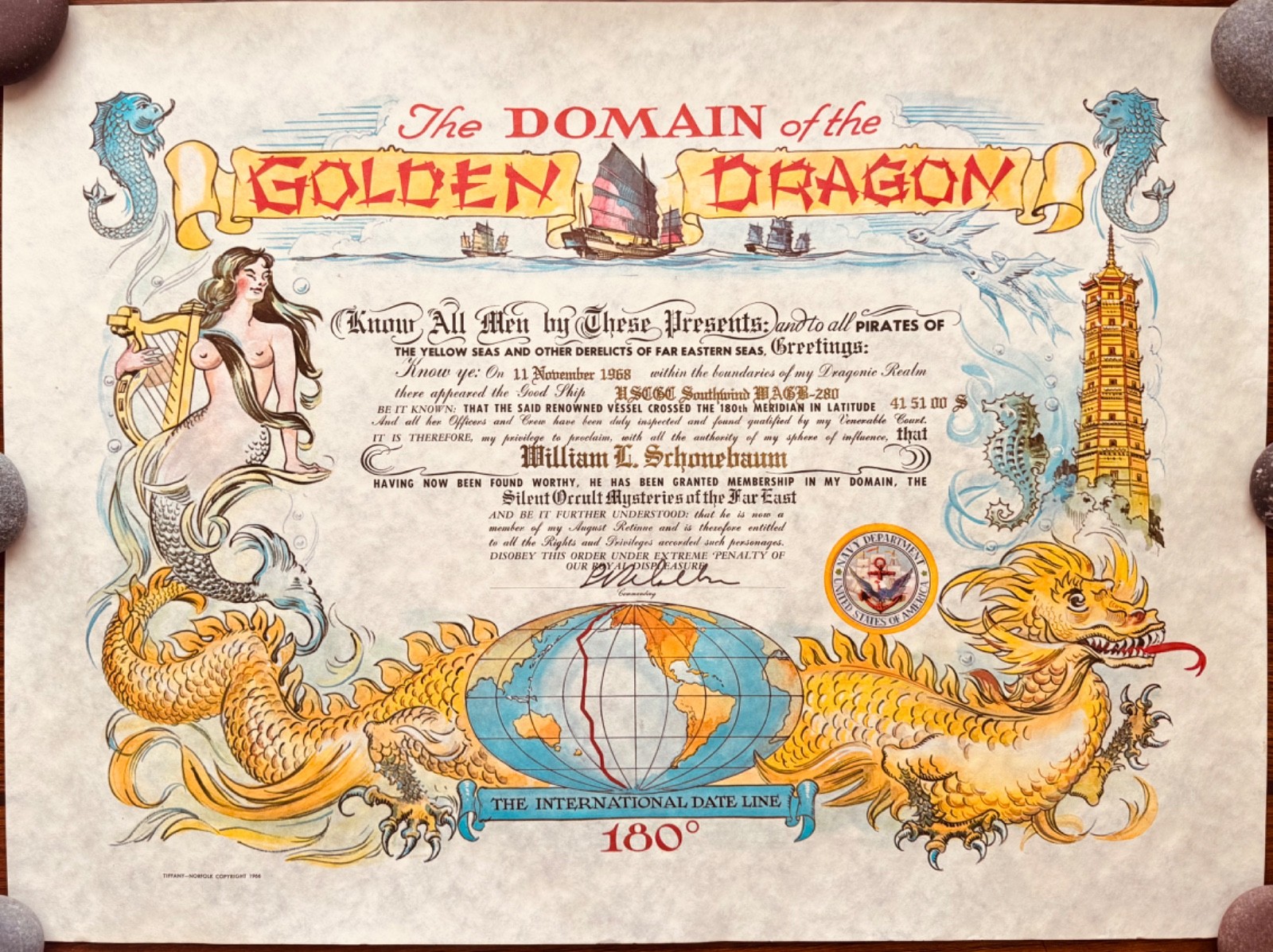 Vintage Domain Golden Dragon 1968 USCGC Southwind MAGB-280 Navy 180 Certificate