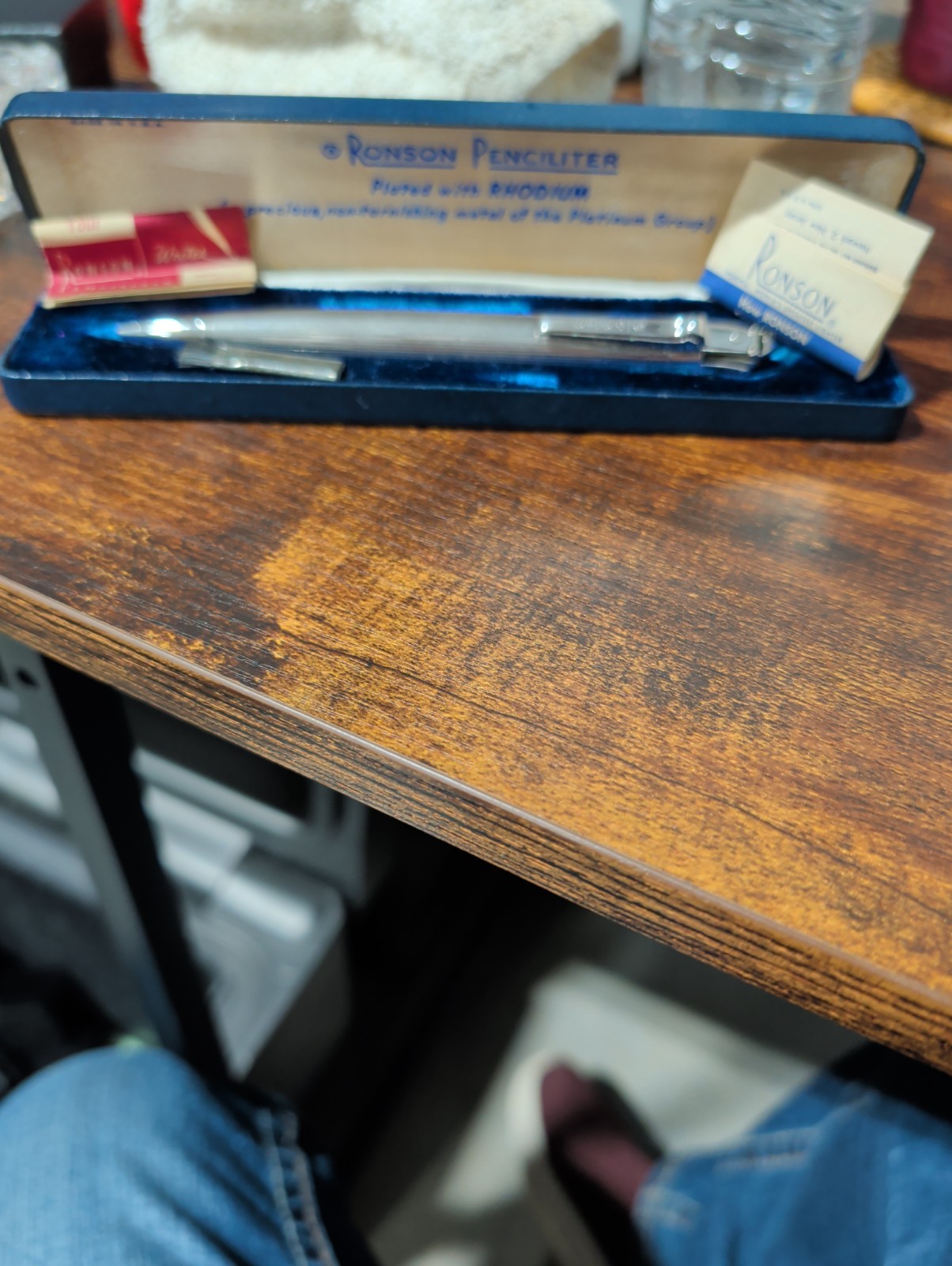 VINTAGE RONSON PENCILITER RHODIUM PLATE PENCIL & LIGHTER PEN IN BOX 