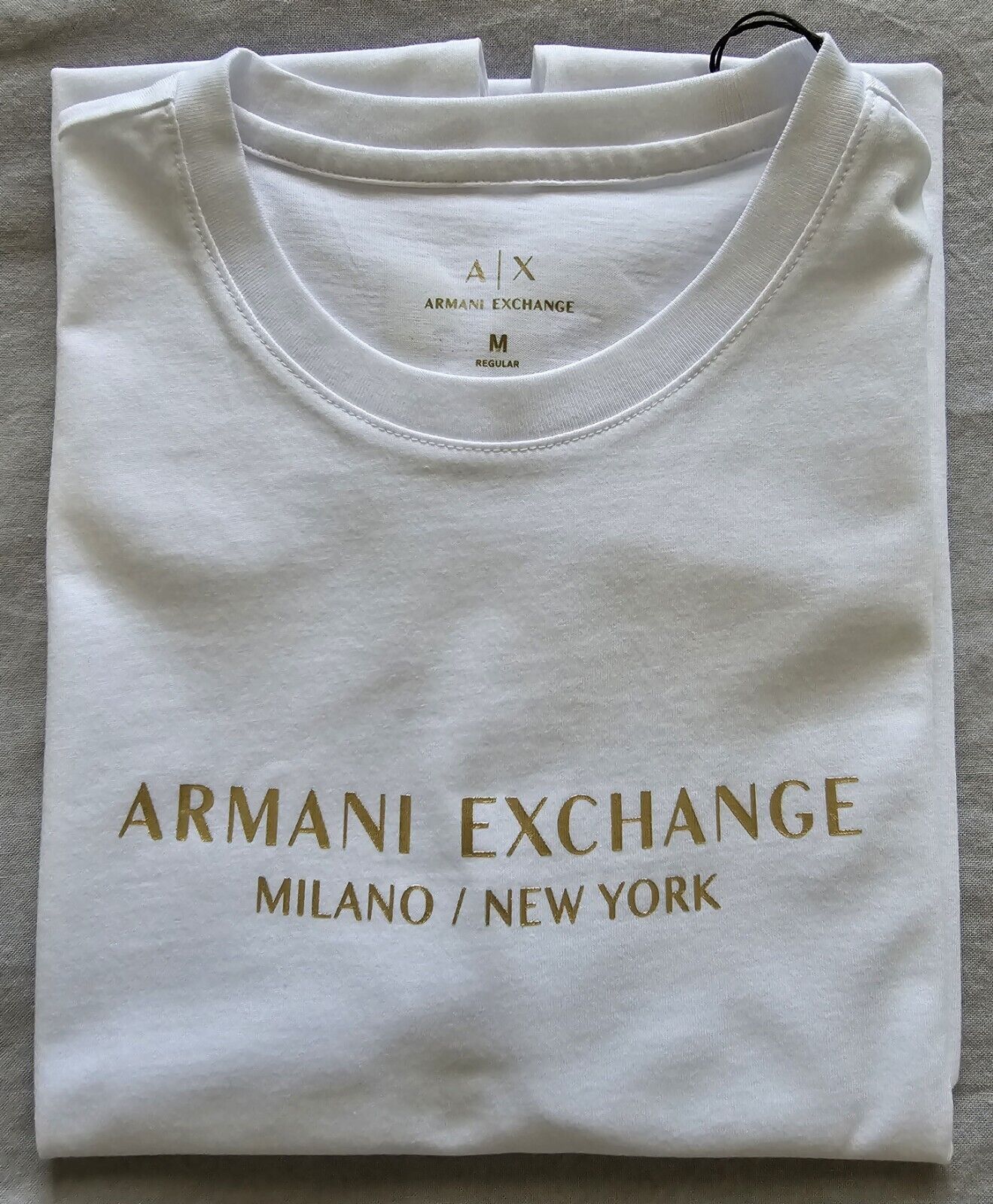 Armani Exchange T-Shirt Men\'s Medium Solid White W Gold Logo Front / 91 Rear NWT