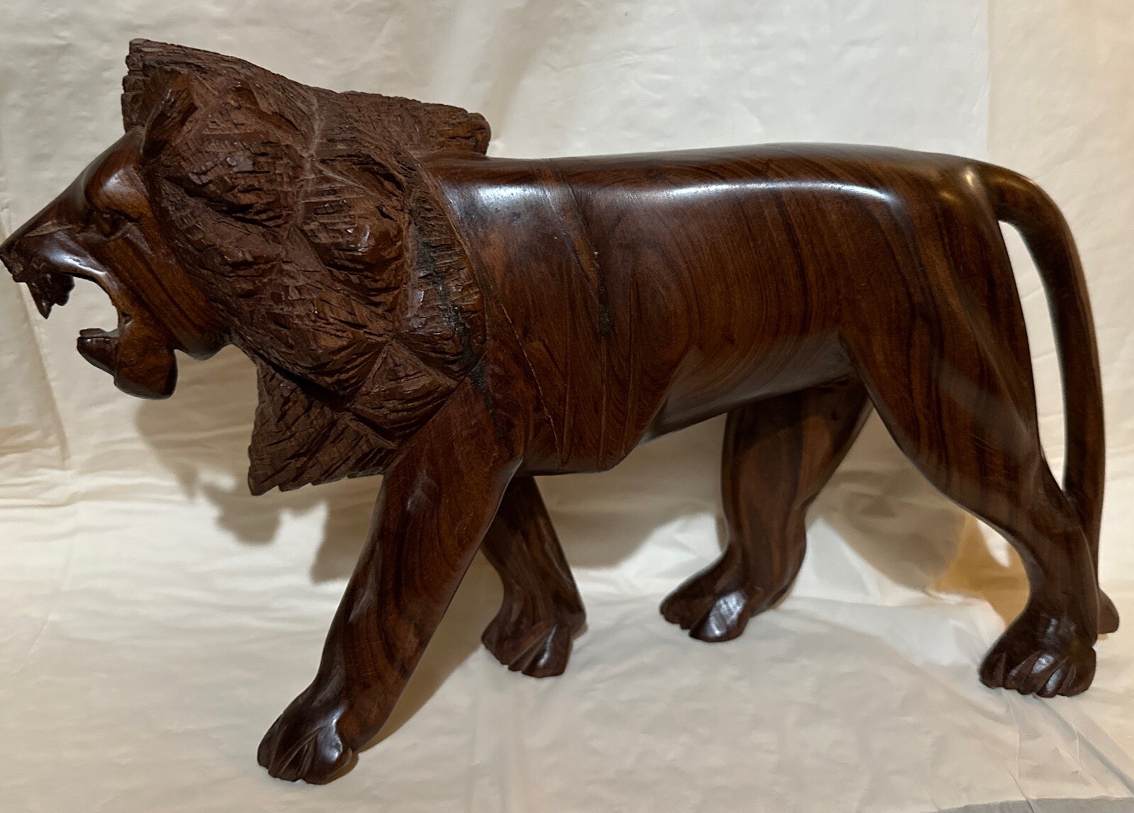 Handcrafted Vintage Carved  Male Lion Roaring Figurine  12inch L  Safari Africa.