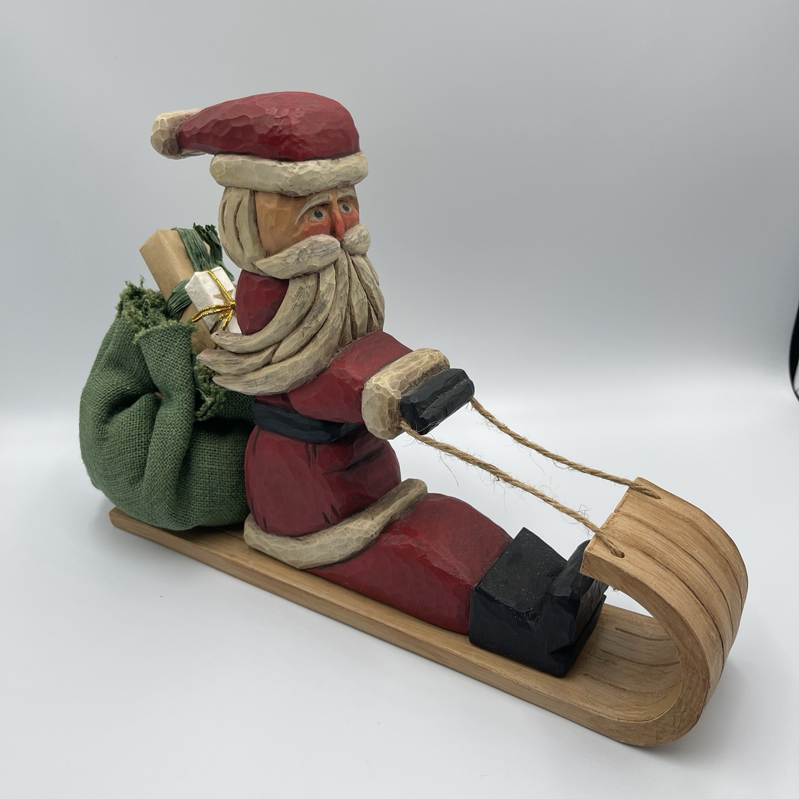 Vtg Lori Miller Whispering Pines Santa Claus On Sled Wood Carved Christmas 2005
