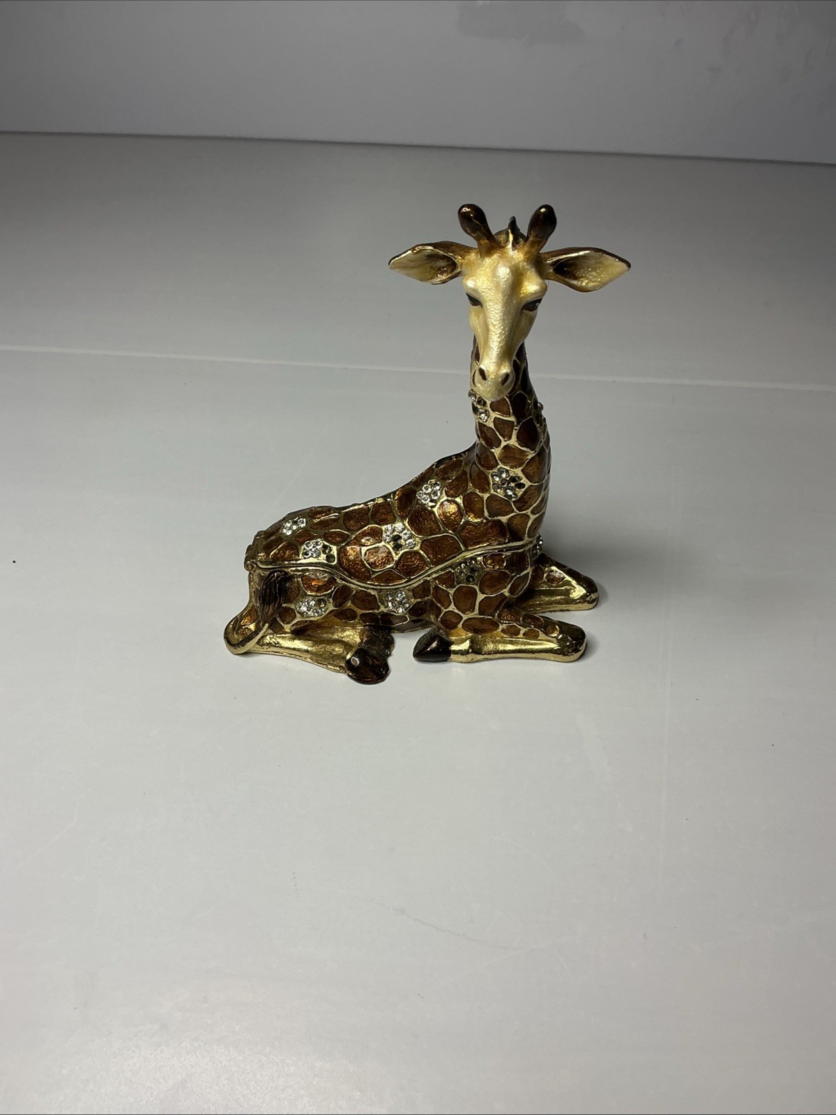 Bejeweled Enamel Metal Giraffe Jewelry Box Gold Tone Rhinestones Hinged Closure