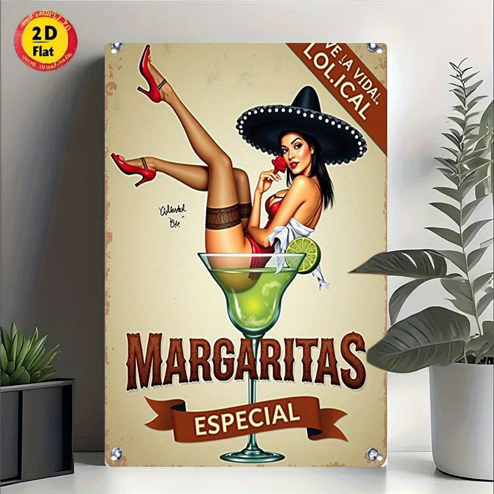 2D Flat, 12-inch Aluminum Decorative Tin Metal Signs Plaque - Vintage Margarita 