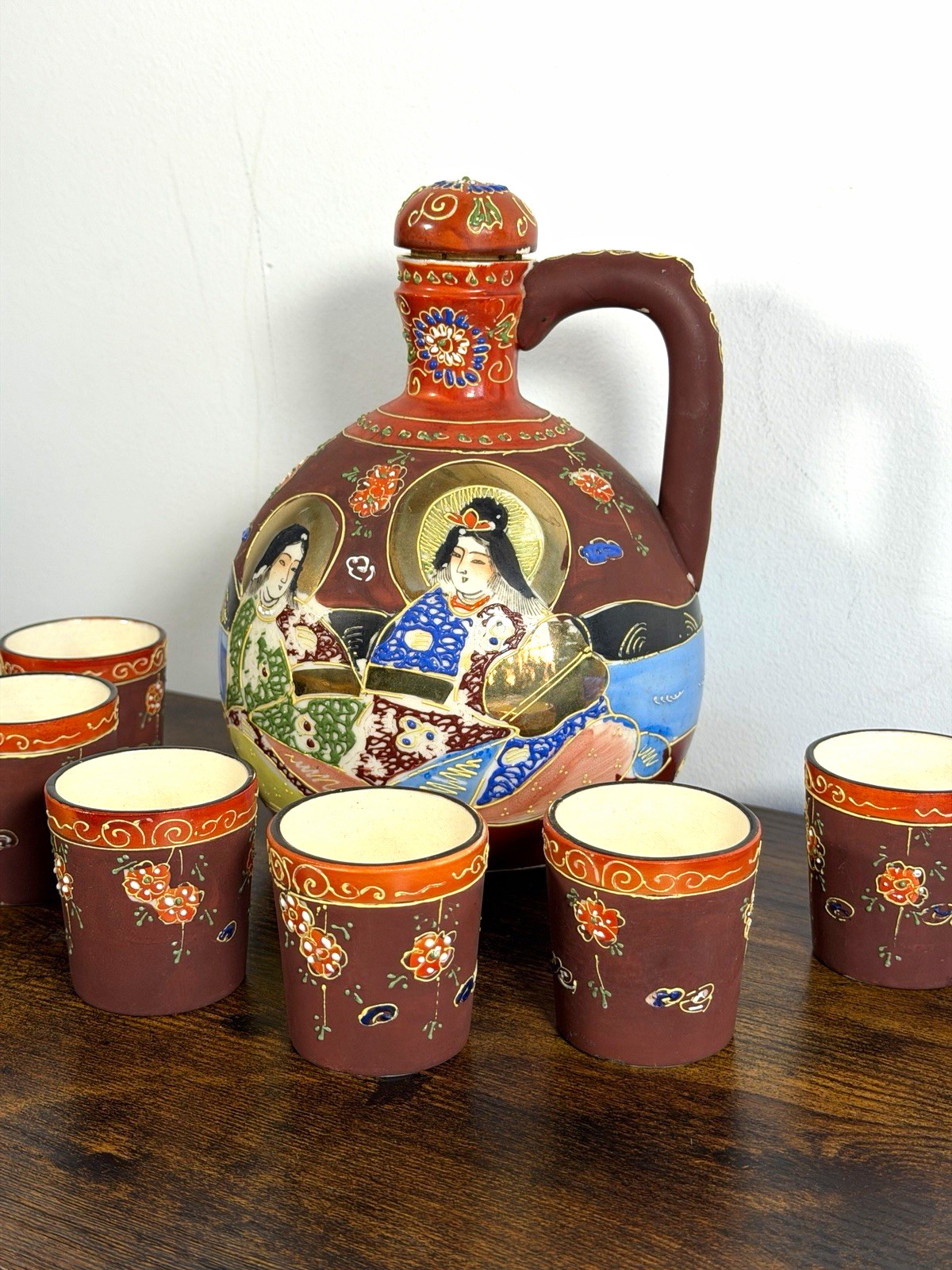 Antique Hotta Yu Shoten Japan No 2748 Moriage Geisha Jug Decanter 6 Cups Set