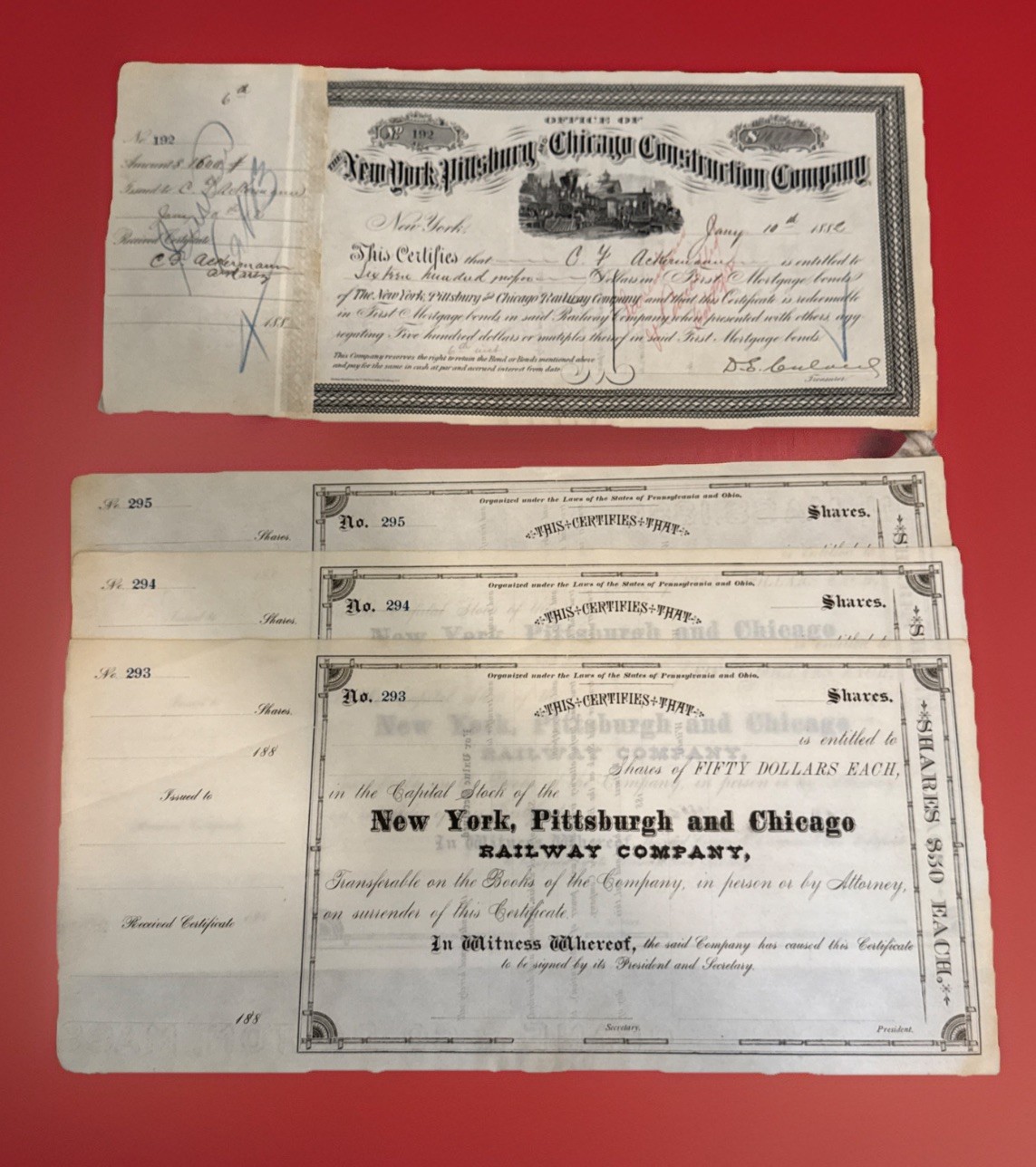 1882 NY PITTSBURGH & CHICAGO CONSTRUCTION BOND & 3 UNISSUED 188_ STOCKS 293-295