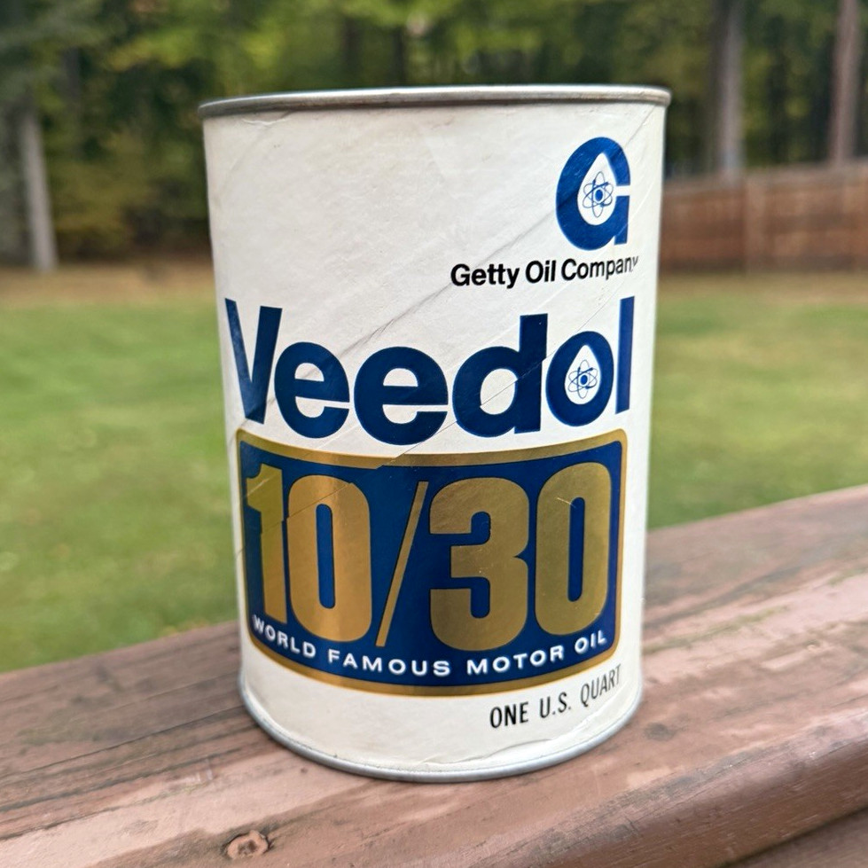 VTG NOS Veedol 10/30 Motor Oil Can 1 Quart Full Unopened Getty Oil Company 1970s