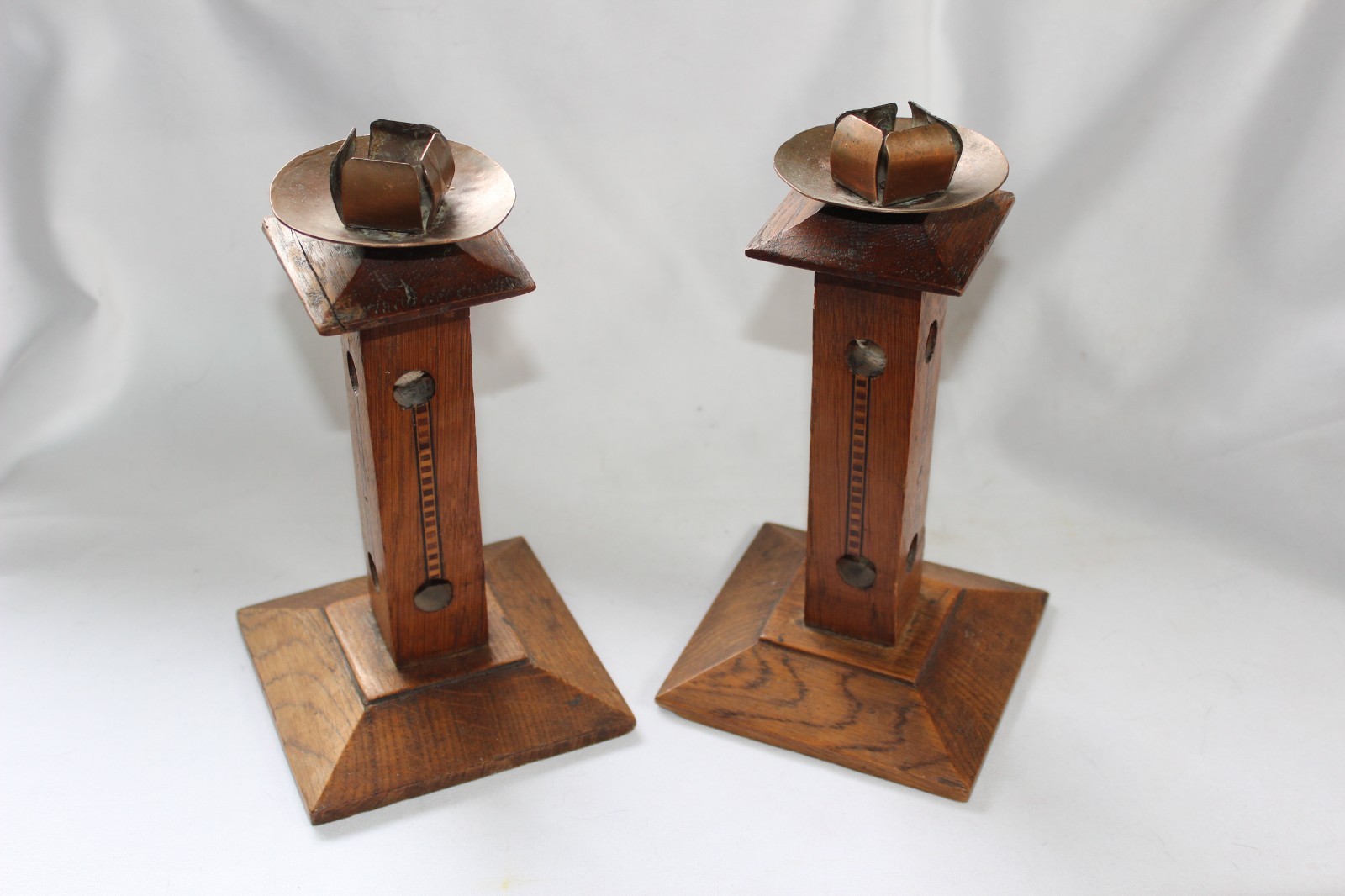 Pair ANTIQUE ARTS & CRAFTS Carved inlay Dark Oak Candle Holders copper  c. 1920
