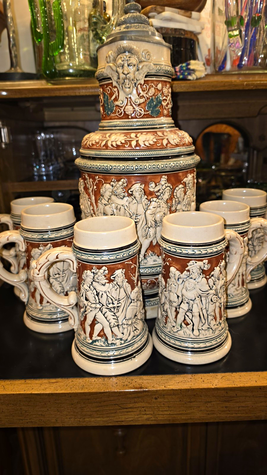 JFB German 1L Lidded Ceramic Beer Stein w/ Pewter Lid, Figural Embossed