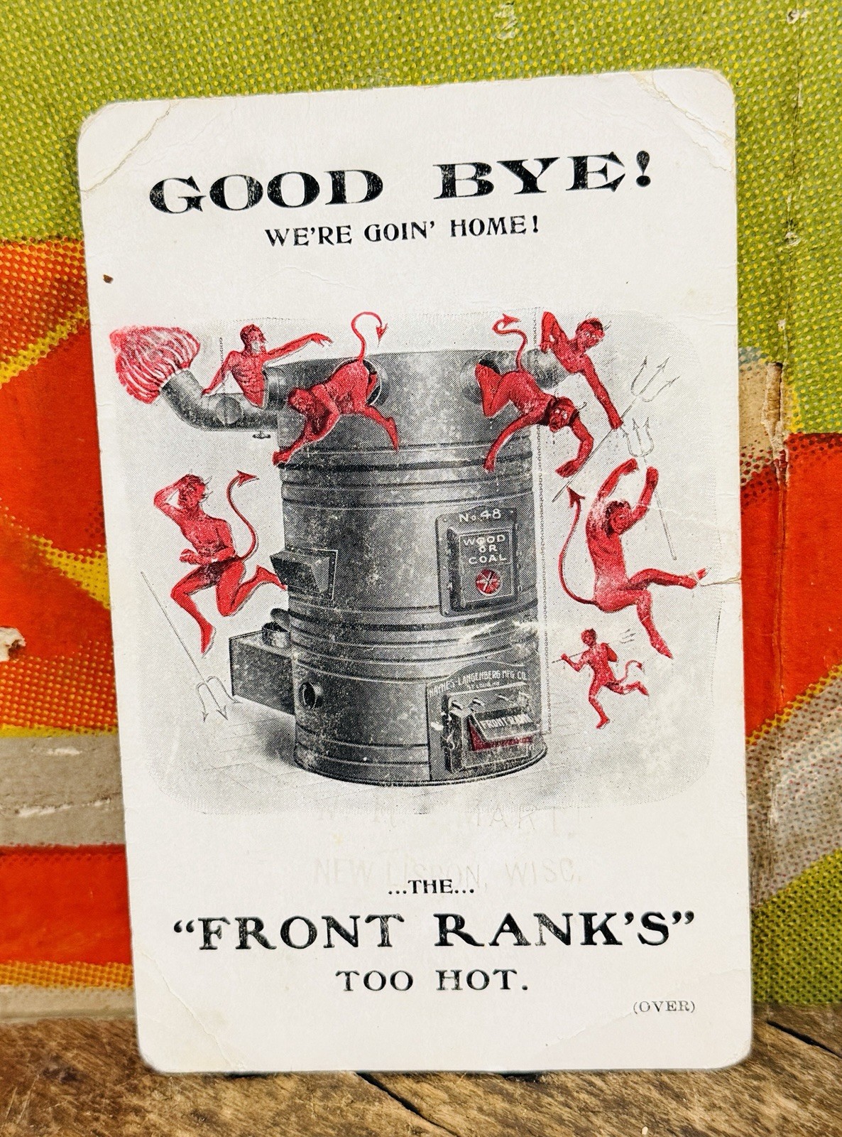 ANTIQUE C. 1920 FRONT RANK FURNACES TRADE CARD SIGN DEVIL SATAN EVIL HEATING HTF