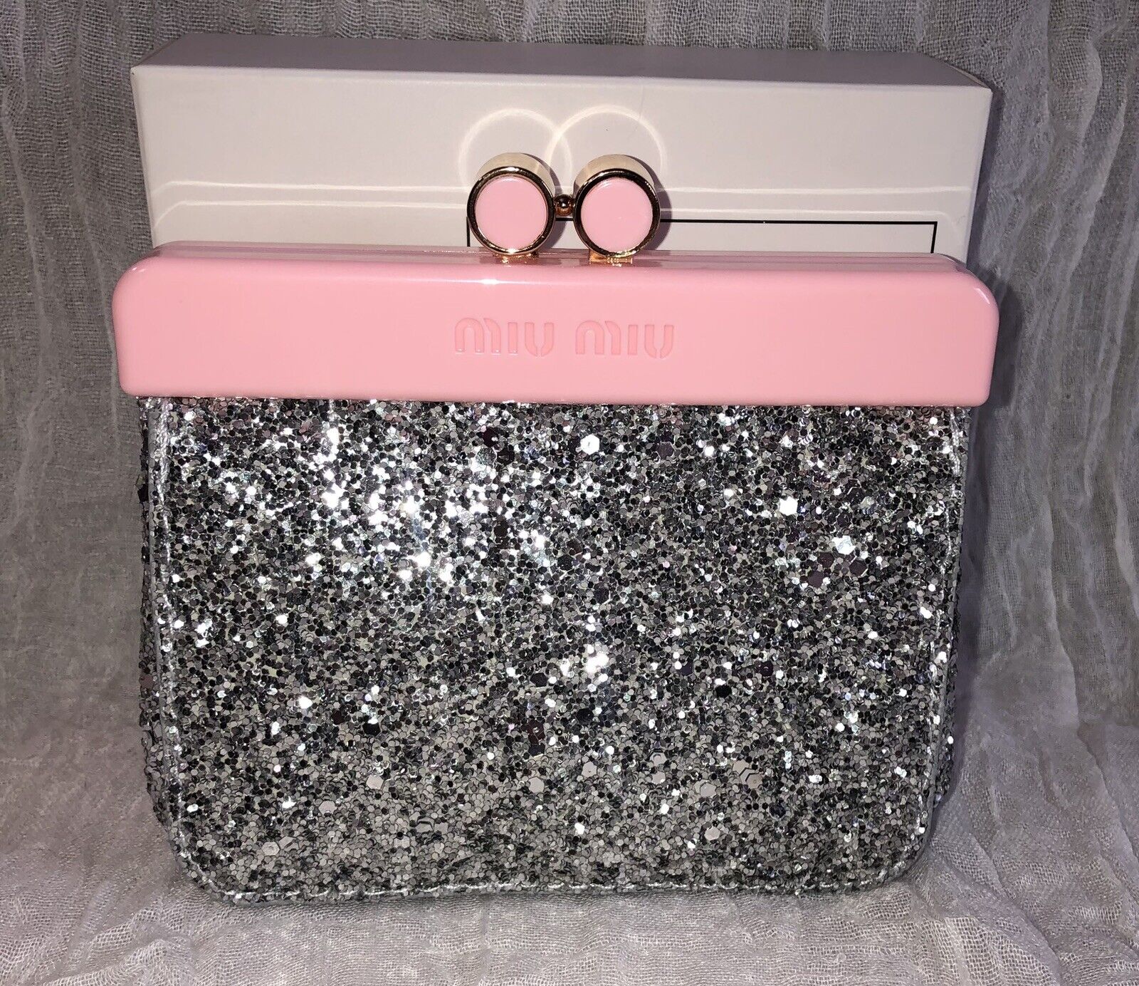 Miu Miu Small Silver & Pink Glitter Evening  Clutch With Box