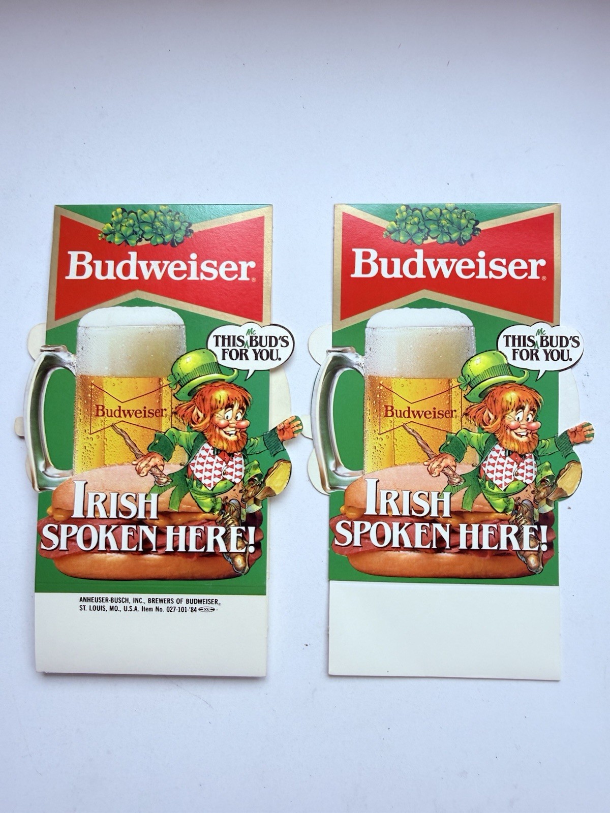 Vintage 1980s Budweiser Irish Spoken Here St Patrick’s Display Signs Lot of 2