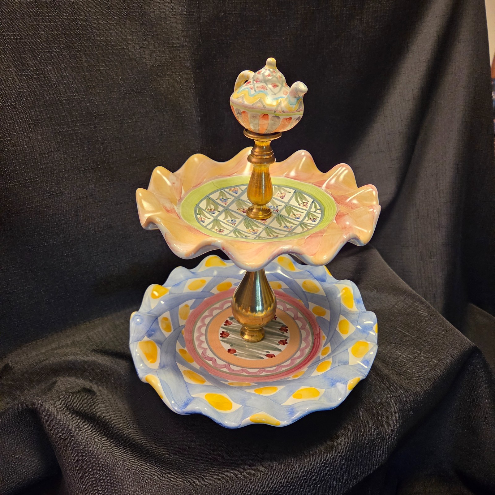 Mackenzie-Childs Ceramic 2 Tier Dessert Sweet Stand Mint Condition