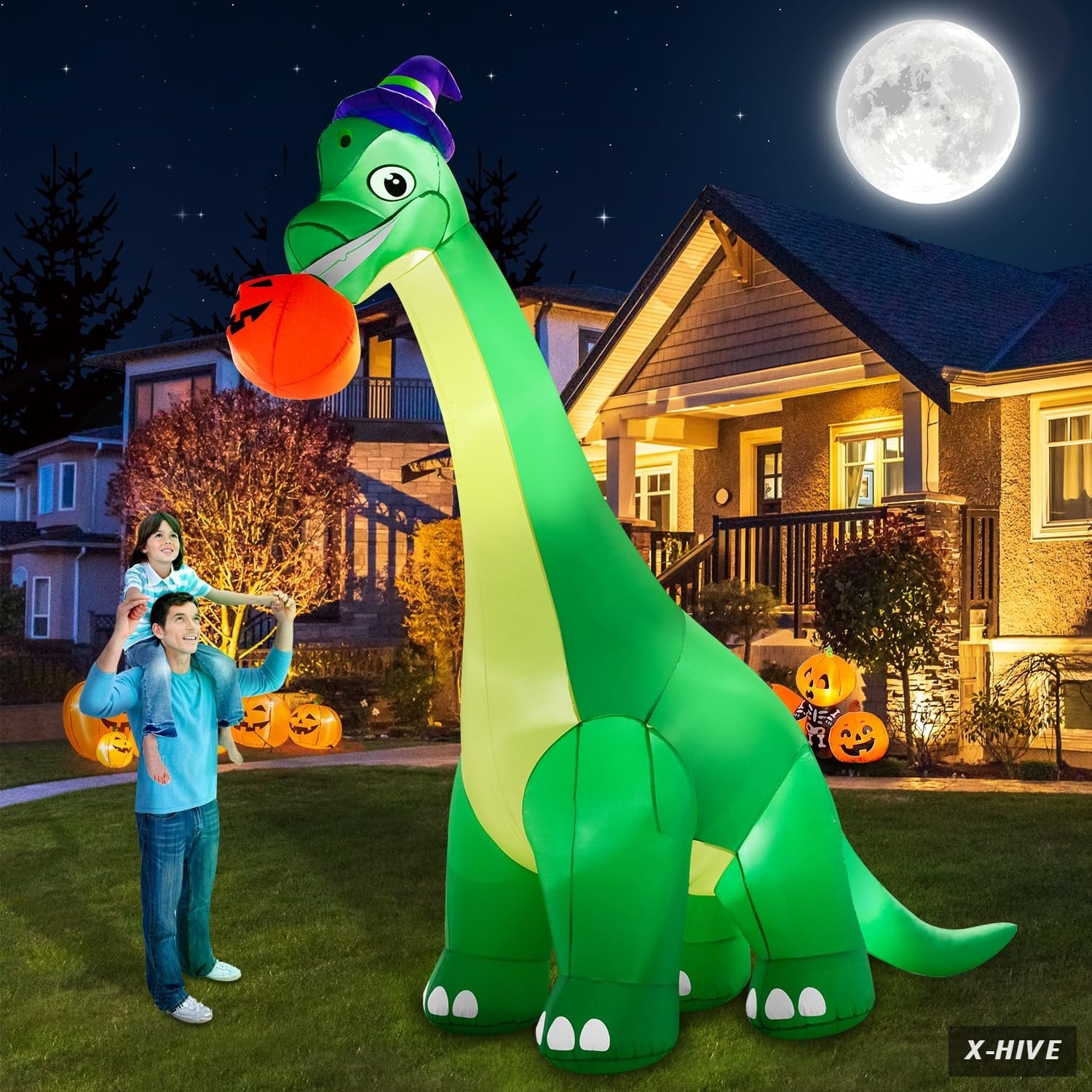 13Ft Giant Halloween Dinosaur Inflatable Decorations,Bite Large Pumpkin with Wi